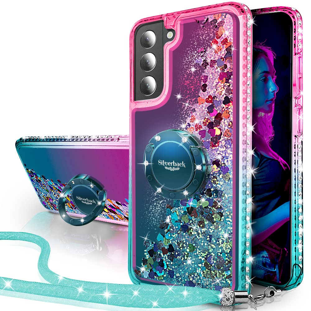 Silverbackfor Samsung Galaxy S22 Plus Case, Moving Liquid Holographic Sparkle Glitter Case with Kickstand, Girls Women Bling Diamond Ring Slim Protective Case for Galaxy S22 Plus 5G-Green