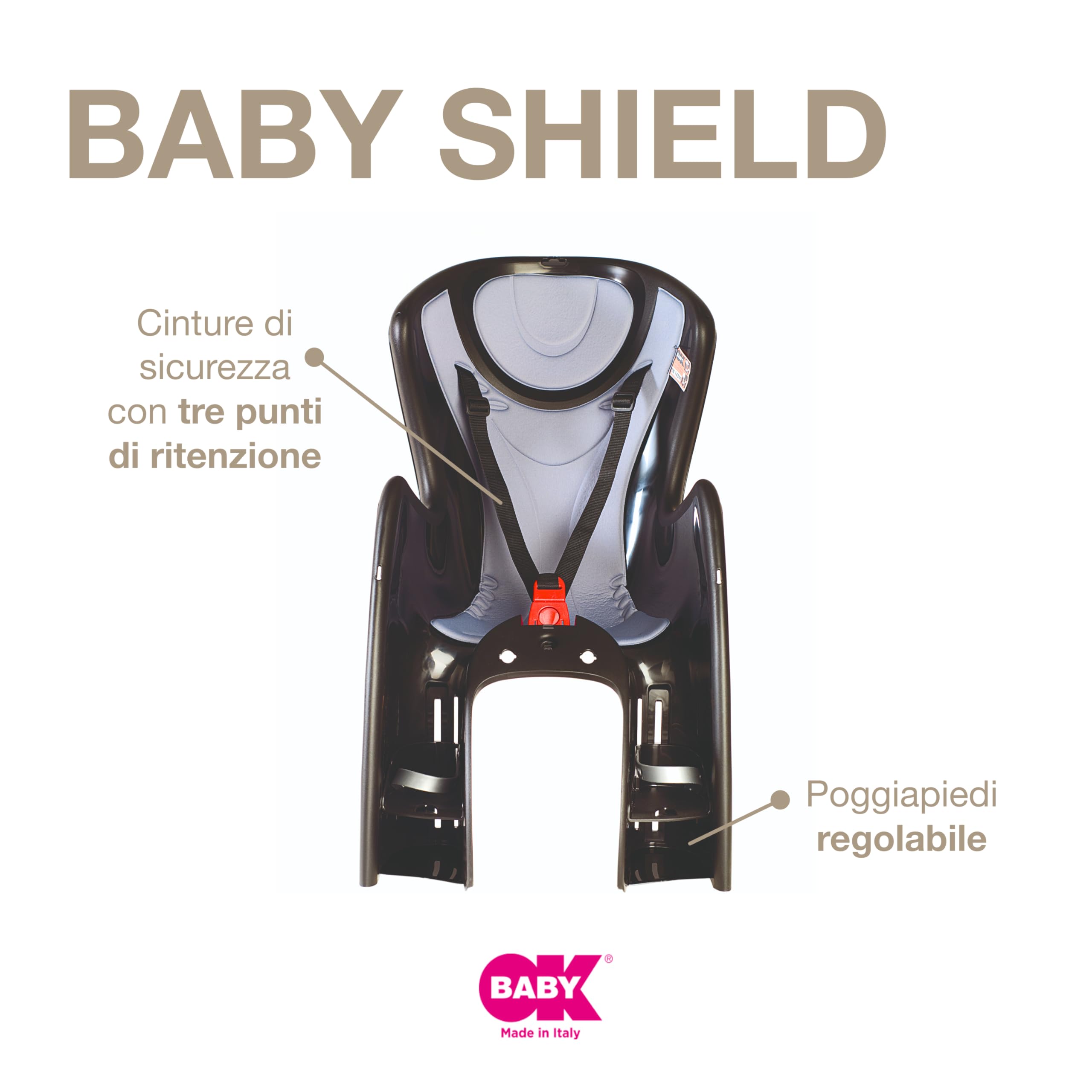 OKBABY Baby Shield - Seggiolino Da Bicicletta Posteriore Per Bambini Fino A 22 Kg - Aggancio Al Portapacchi - Nero E Argento