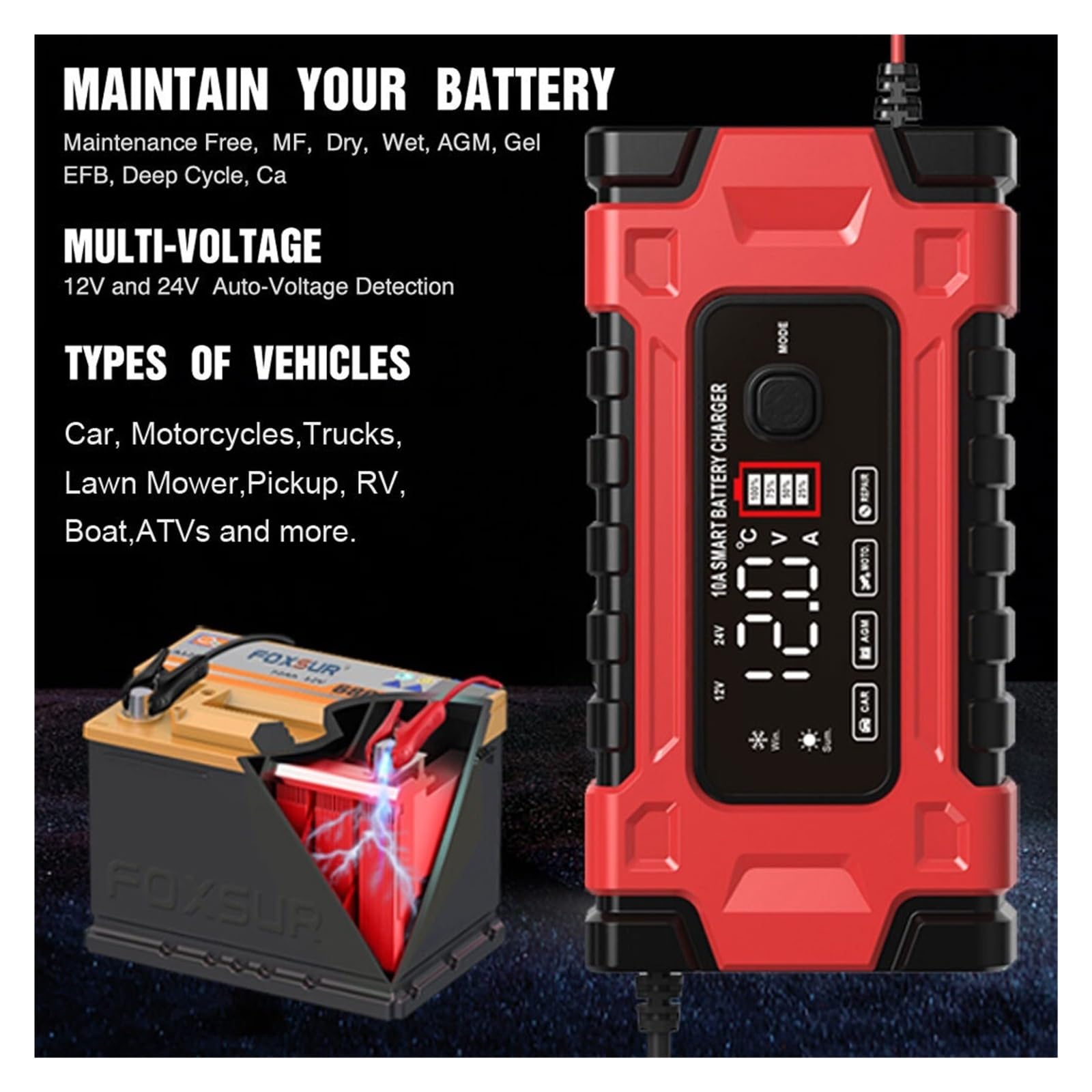 W Pełni Automatyczna Ładowarka Samochodowa 12V 10A / 24V 5A Kwasowo-ołowiowy/żelowy Wyświetlacz LCD Inteligentna Szybka Ładowarka Samochodowa Narzędzie Samochodowe Szybkie I Wydajne łAdowanie(Red)