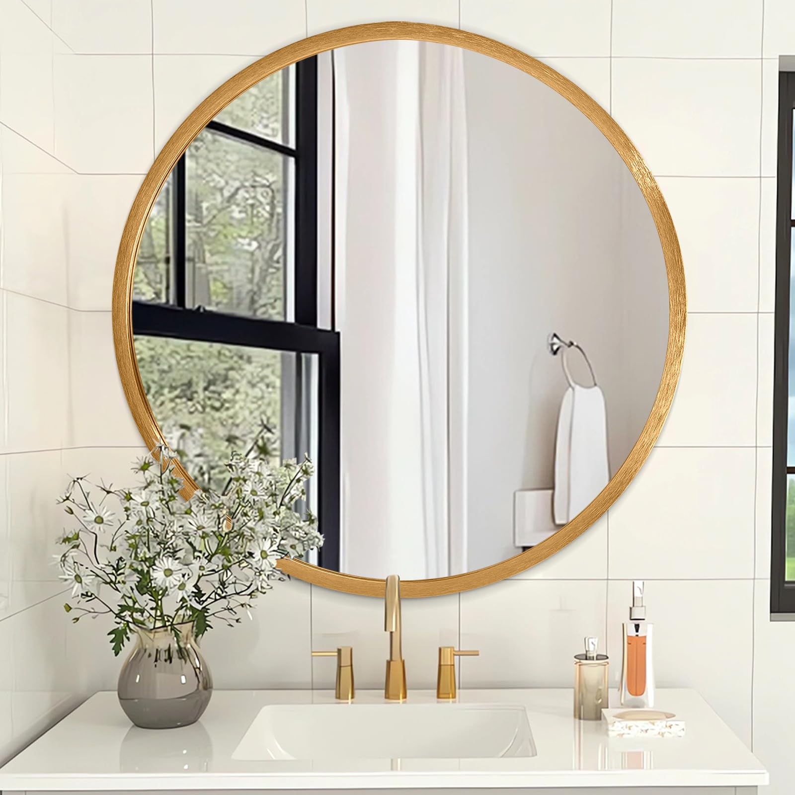 AOAOPQ Wall Mounted Circle Mirror Brushed Gold Metal Framed Round Mirrors Bathroom Vanity Mirror for Bedroom Living Room