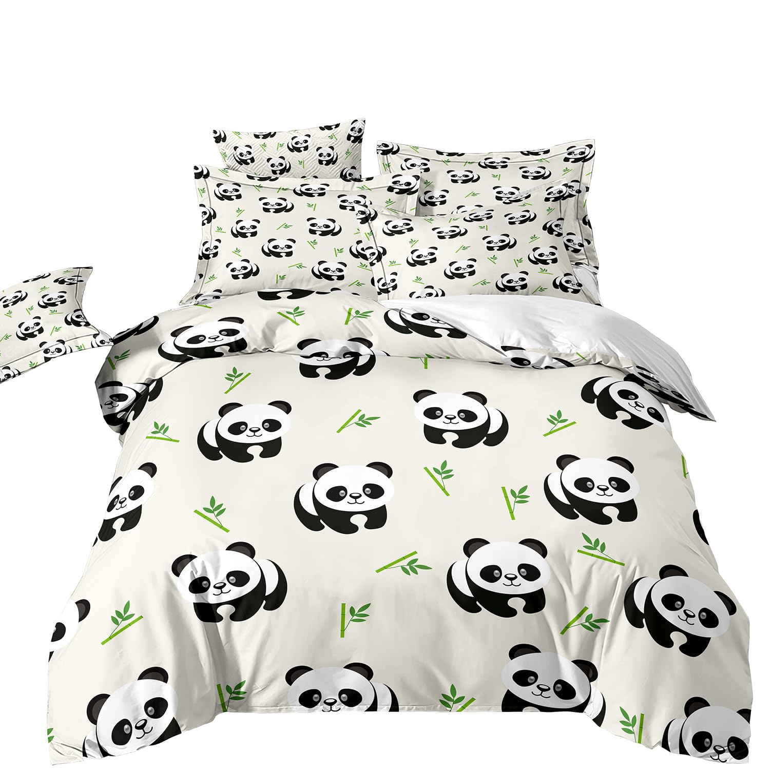 Xisnuient 2/3 Pieces Duvet Cover Set for Boys Girls Cute Cartoon Bamboo Black and White Panda Microfiber Single Double King Bedding Set Zipper Quilt Cover and Pillowcase (Beige,Single Size)