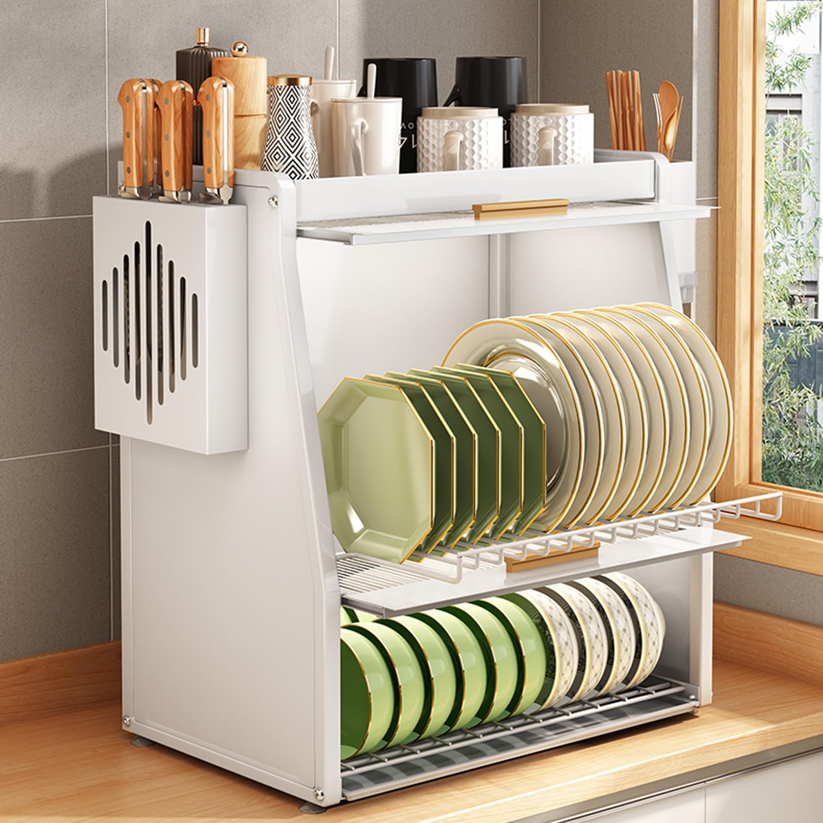 Égouttoir à vaisselle à 3 niveaux Avec Portes de Placard rabattables, Grand égouttoir de Rangement pour comptoir de Cuisine, organisateur d'évier Gain de Place, Acier au Carbone,