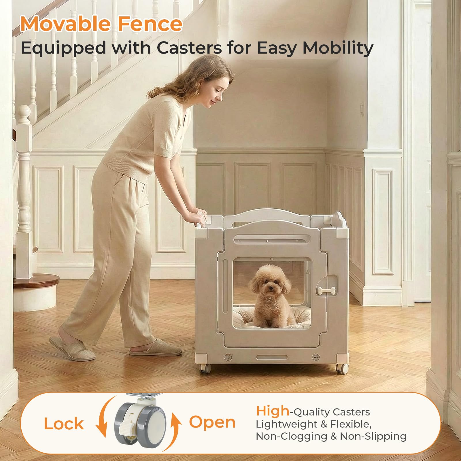 MAMIZO Parque para Perros Acrílico 63 × 68 cm, Recinto Perros con Ruedas | 3+1 PCS Paneles Caja de Parto para Animales con Alfombra Impermeable y Base, Gris Cálido