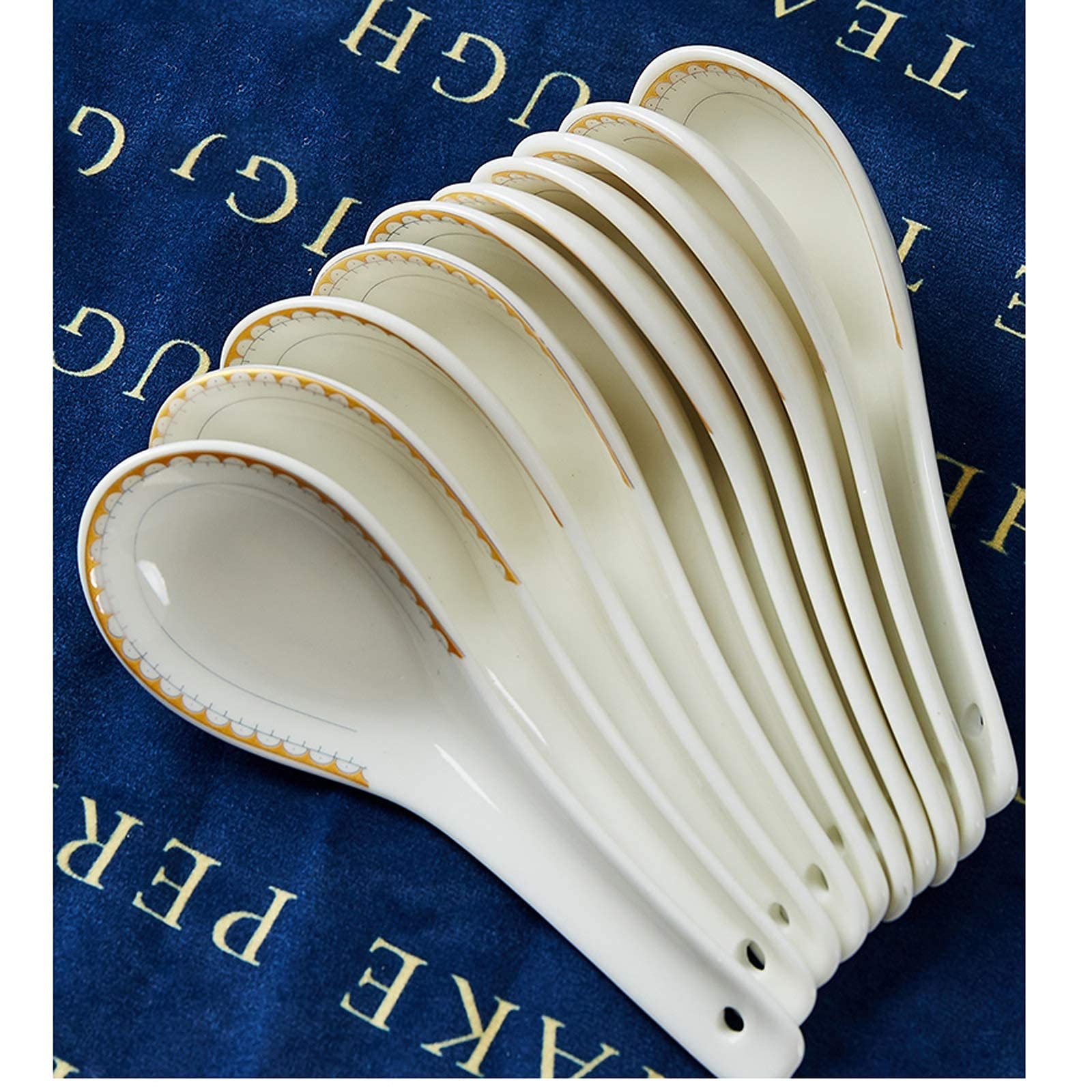 Zestaw łyżek obiadowych, 10 sztuk, małe ceramiczne łyżki do zupy, prosta łyżka z porcelany kostnej, miska i spodek, zestaw naczyń Jingdezhen, łyżka obiadowa/garnek do zupy (kolor: D) (F)