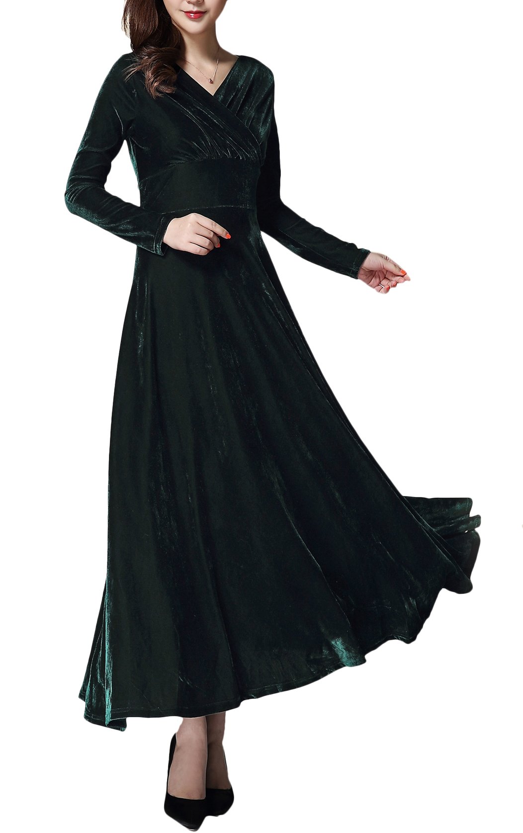Damen Elegant V-Ausschnitt Langarm Samt Maxi Kleider Party A Linie Lang Abendkleider