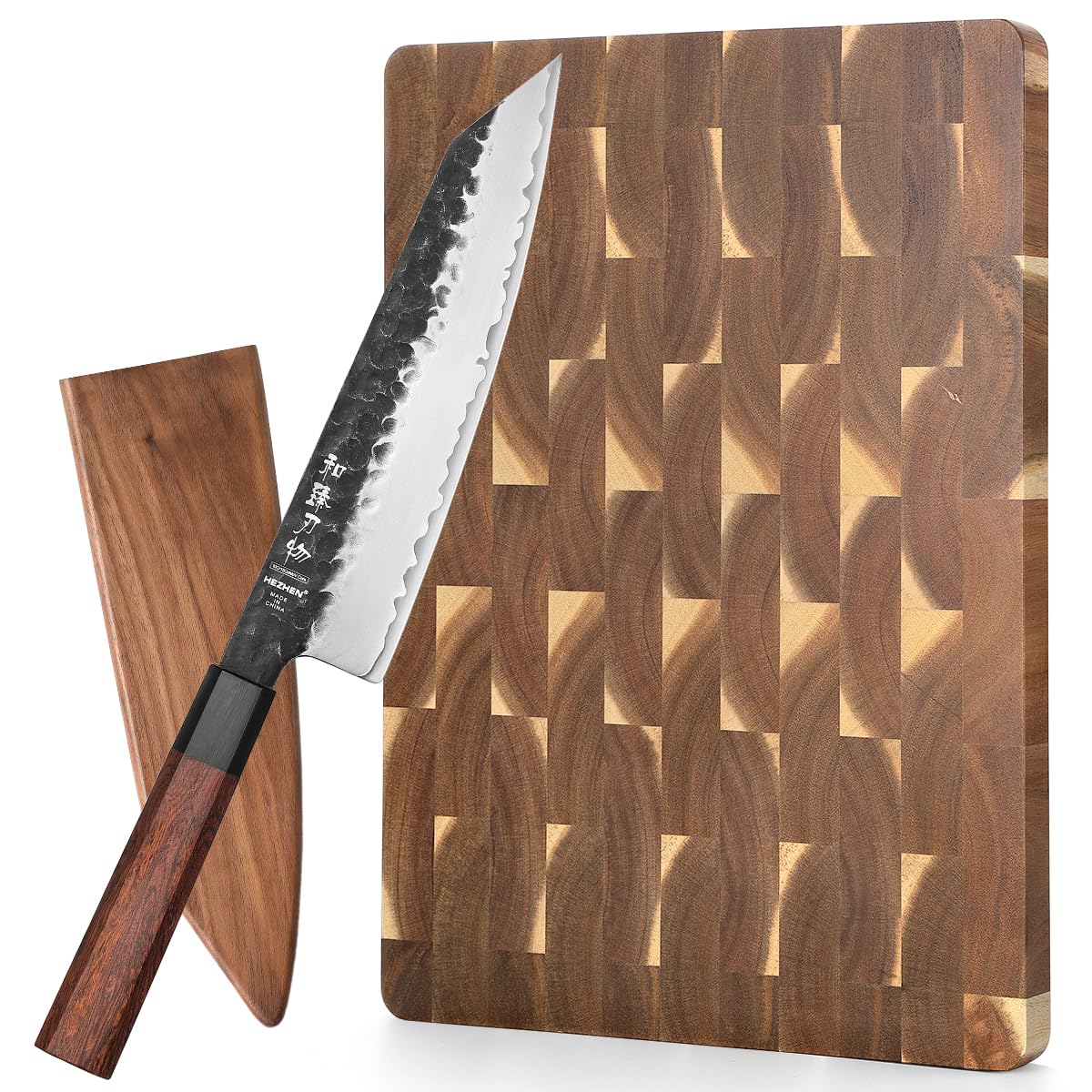 Couteau de Kiritsuke HEZHEN et planche en bois d'acacia, le coffret idéal