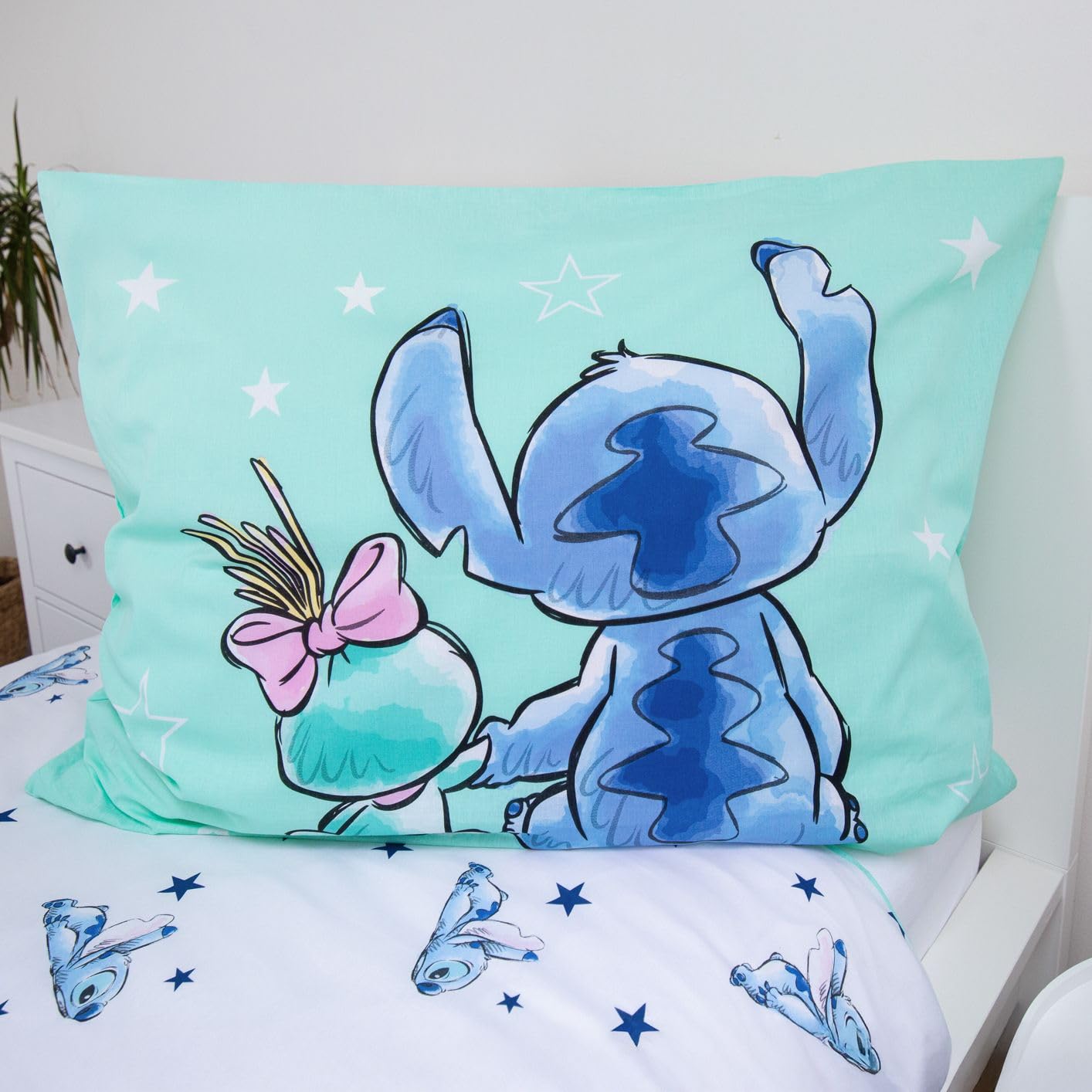 Stitch Buddies Pościel 140x200 + Poszewka 100% Bawełna Pokój Dziewczynki | Odwracalna pościel jednoosobowa | Bawełna naturalna oddychająca Oeko-Tex | Lilo & Stitch | Nastolatki | Do prania w pralce