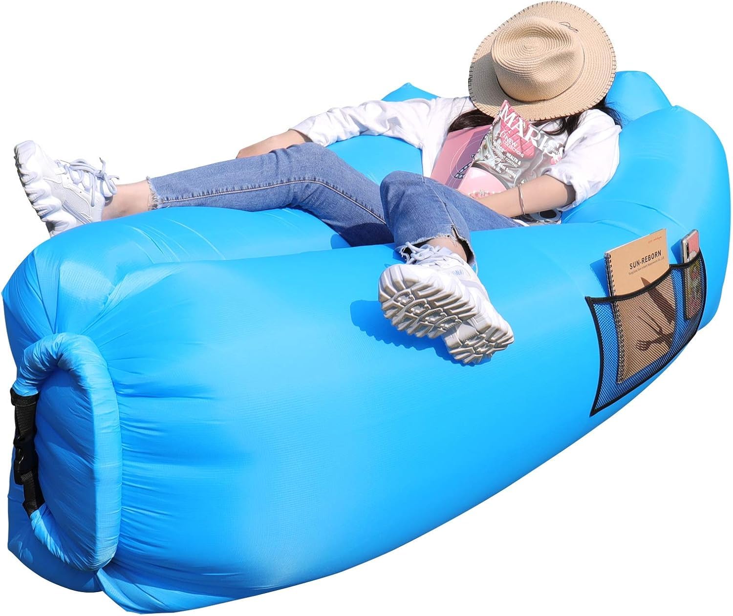 AngLink Luftsofa mit Kopfstütze, aufblasbares Sofa, wasserdichter Air Lounger ohne Pumpe mit 2 Lufteinlässen, bis 200 kg, 2 Seitentaschen und Tragebeutel für Camping, Park und Strand,Blau