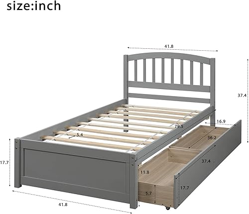 Miniatura 23 de Harper & Bright Designs Cama individual con cajones, marco de cama de madera con cabecero y estribo, plataforma de madera para niños, niñas, niños,