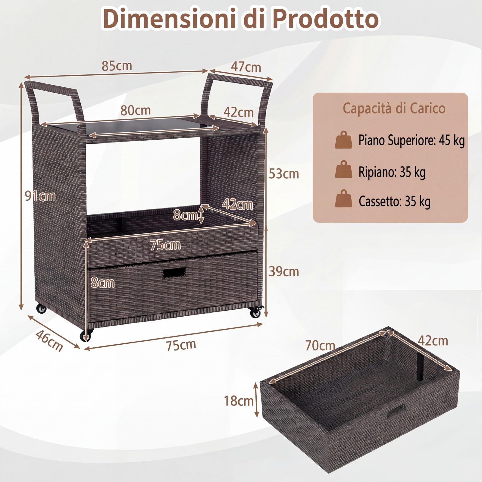 SOARS Carrello Bar in Rattan PE, Tavolo Bar da Esterno con Ruote, Ripiano Aperto, Cassetto e Piano in Vetro Temperato, Carrello di Servizio con Maniglie per Giardino, Cortile, Piscina, 85 X 47 X 92 CM