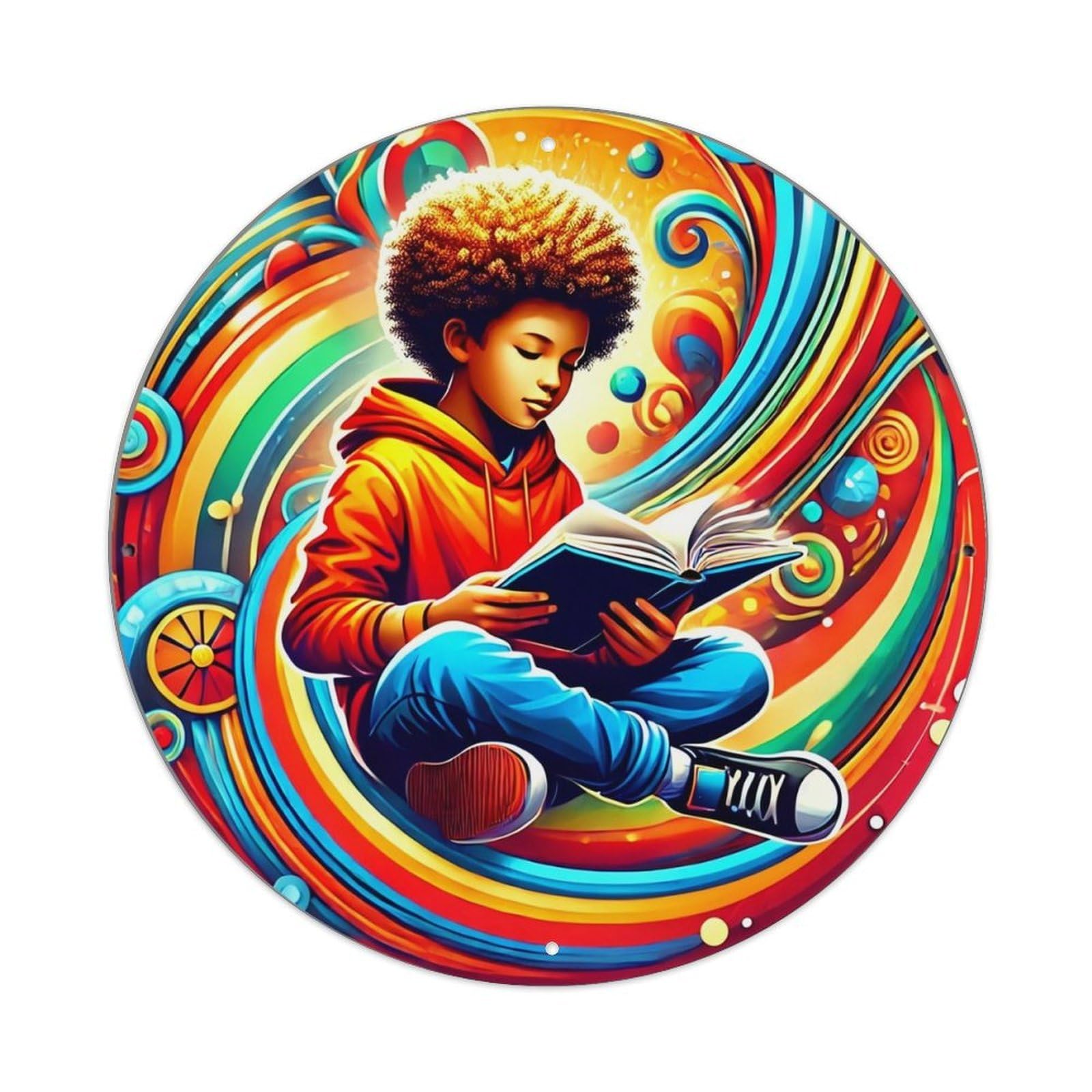 Colorful Swirls Boy Reading Book Retro Metal Sign Round Tin Sign, Vintage Decor Art Poster for Bar, Home, Man Cave, Kitchen, Laundry Room Gift 8x8Inch
