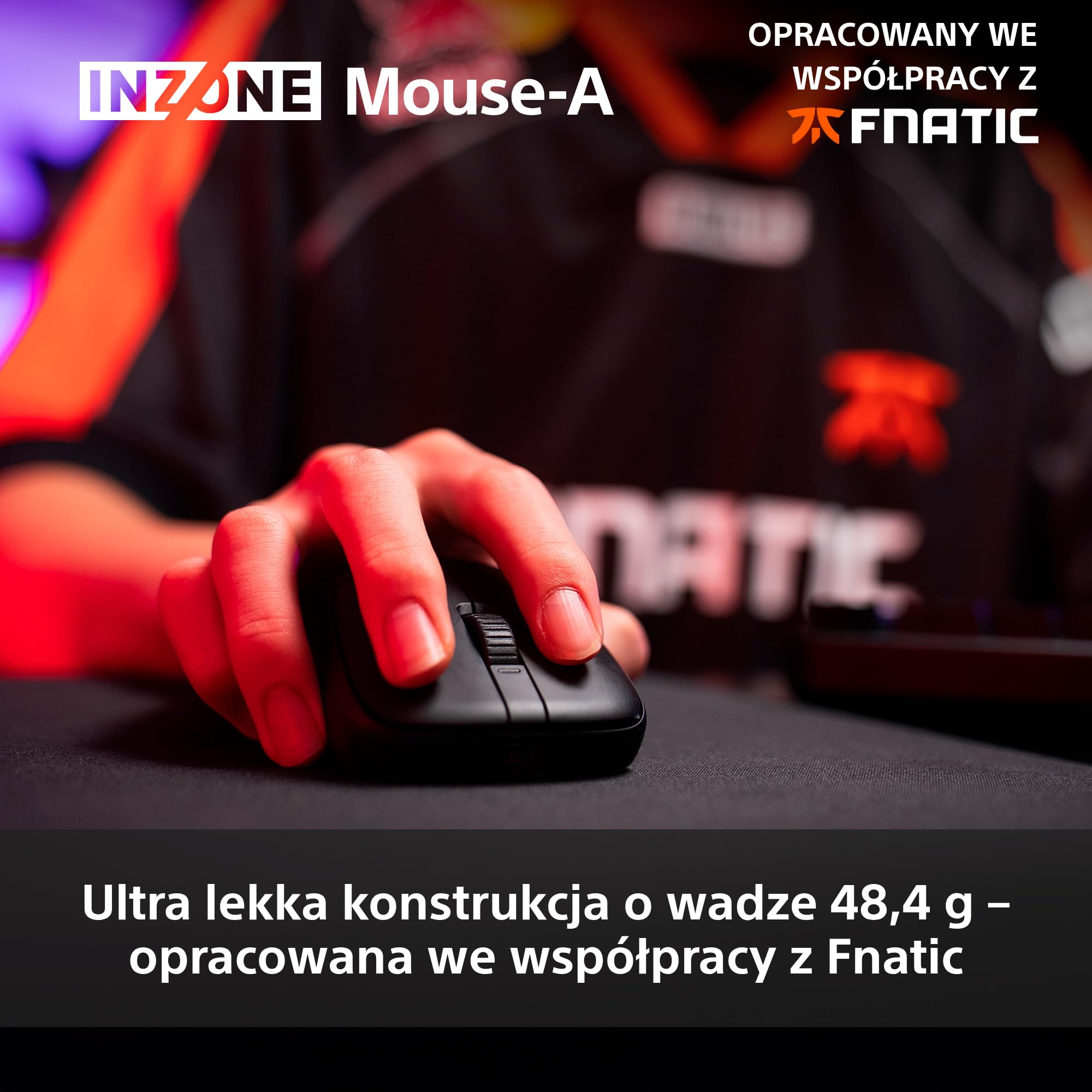 Sony INZONE Mouse-A bezprzewodowa mysz gamingowa, ultralekka (48,4 g), próbkowanie 8000 Hz, czujnik PixArt 30 000 DPI, przełączniki optyczne, bateria 90h, projekt z Fnatic, PC FPS Esports, czarna