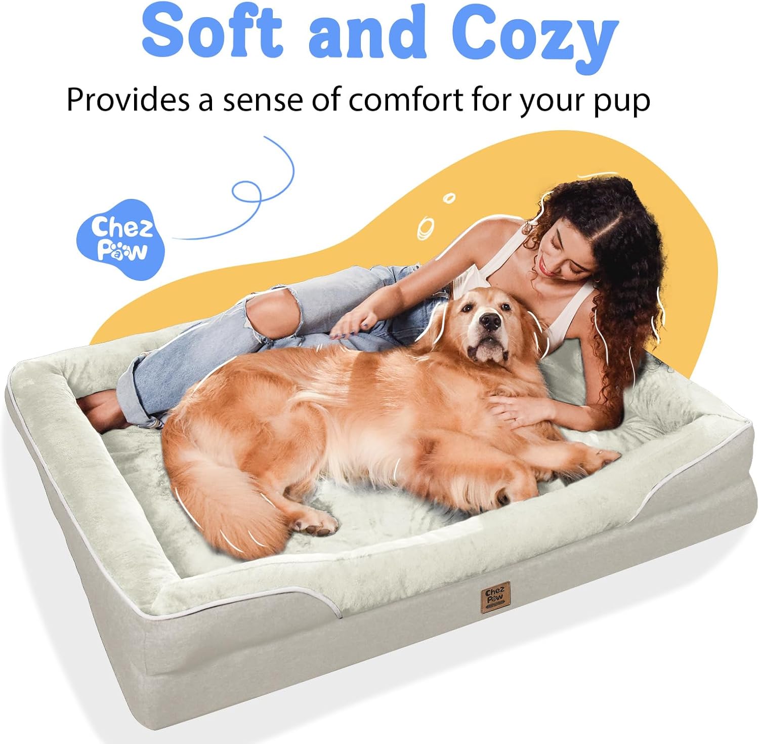 Chez Paw XXL Orthopedic Dog Bed for Extra Large Dogs, Extra Thick Egg-Crate Foam Waterproof Pet Couch with Removable Washable Cover, 4-Sided Bolster & Non-Slip Bottom, Beige 45"x35"x7.5"
