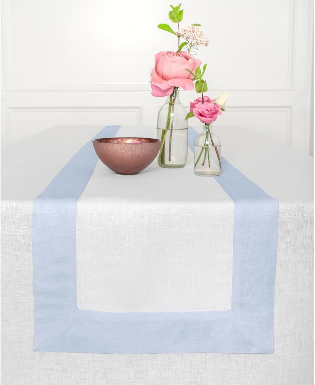 Solino Home Linen Table Runner 108 inches long – 100% Pure Linen Light Blue and White Table Runner 14 x 108 Inch – Farmhouse Table Runner – Contempo Light Blue & White 14 x 108 Inch