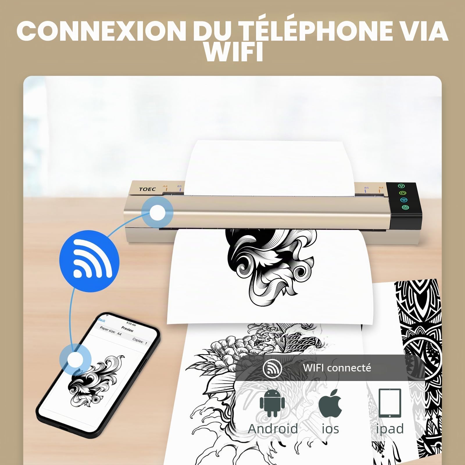 ATOMUS Tattoo Transfer Template Machine Mini imprimante photocopieuse Thermique avec 5 Feuilles de Papier de Transfert de Tatouage Portable USB WiFi Tattoo Printer