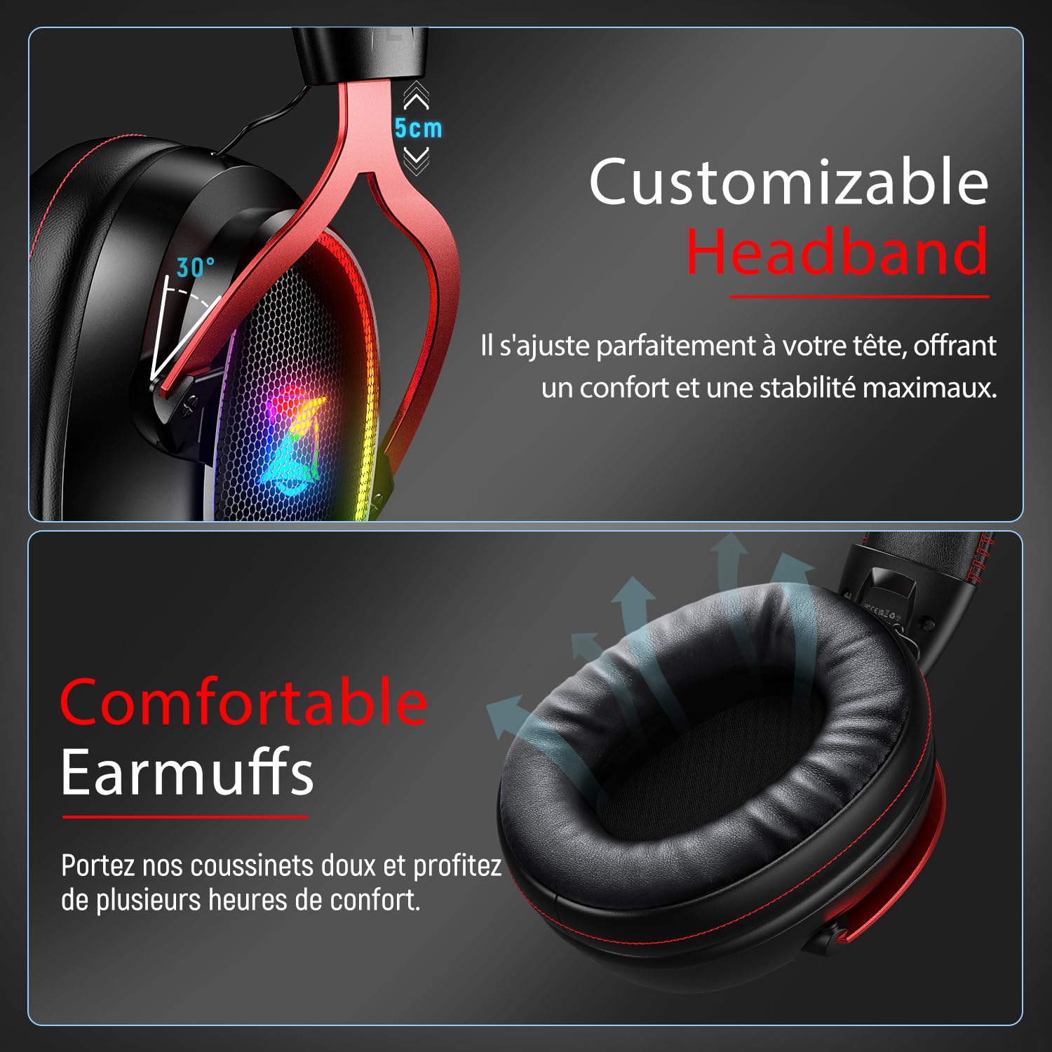 Ozeino OW310 Casque Gaming sans Fil pour PS5, PS4, PC, 7.1 Son Surround, Micro Détachable à Réduction de Bruit, 35H d'Autonomie, Haut-Parleur de 50mm, Lumière RGB, Casque Ultra-Léger de 250g, Nior