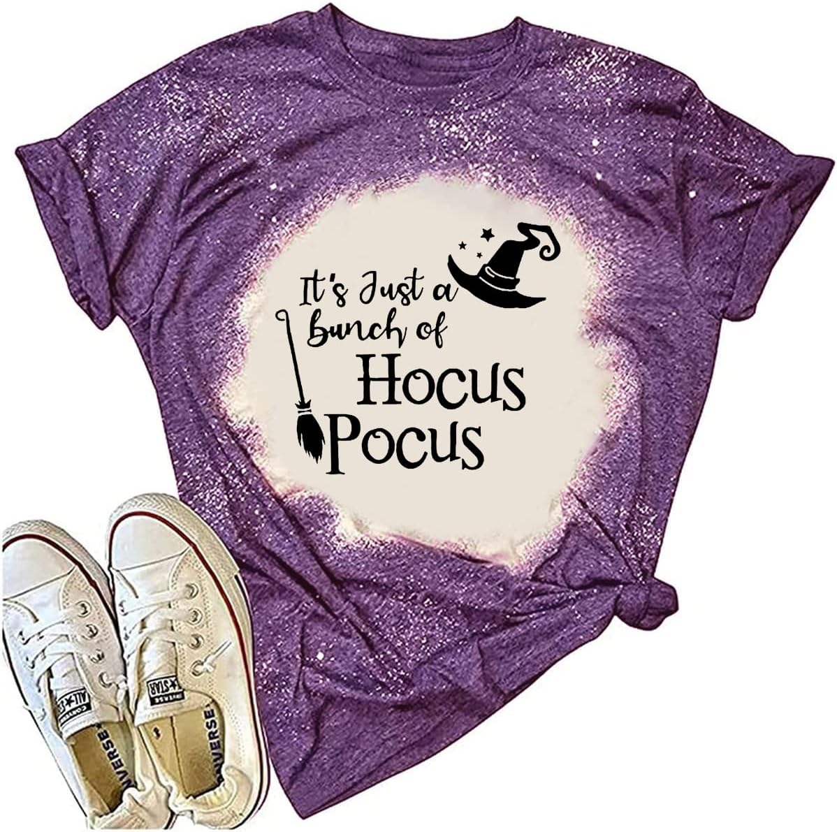 KIMSOONGIt's Just a Bunch of Hocus Pocus Shirt Women Halloween Tshirt Witch Broom Tee Funny Graphic Short Sleeve Top