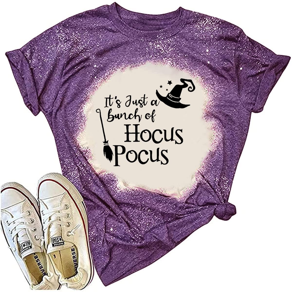 KIMSOONGIt's Just a Bunch of Hocus Pocus Shirt Women Halloween Tshirt Witch Broom Tee Funny Graphic Short Sleeve Top