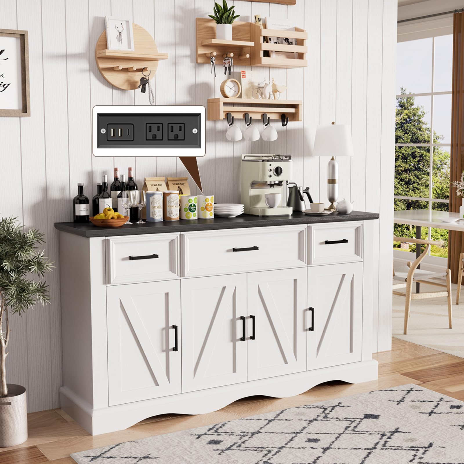 56" Large Wooden Buffet Cabinet with Storage, Modern Coffee Bar and Wine Bar, Wave Base Design, Multi-Purpose Buffet Table with Charging Station for