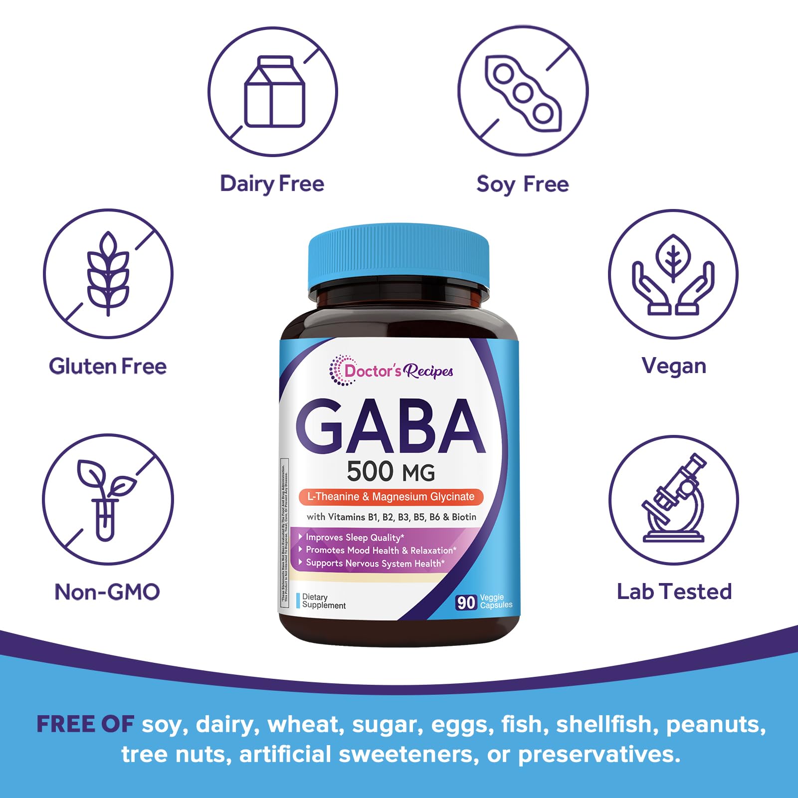 Doctor's Recipes GABA Magnesium Glycinate L-Theanine Supplement, GABA (Gamma-Aminobutyric Acid) 500mg, Vitamin B6, B1, B2, B3, B5, Biotin, Calm, Sleep, Relaxation, Mood Support, 90 Veggie Capsules — Amazon image 3