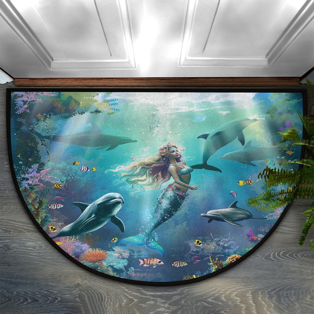 Half Round Door Mat Underworld Mermaid Non Slip Semi Circle Doormat, Ocean Sea Indoor Low Profile Front Door Mat for Outdoor Patio Porch Kitchen Bathroom Entryway Floor Mat