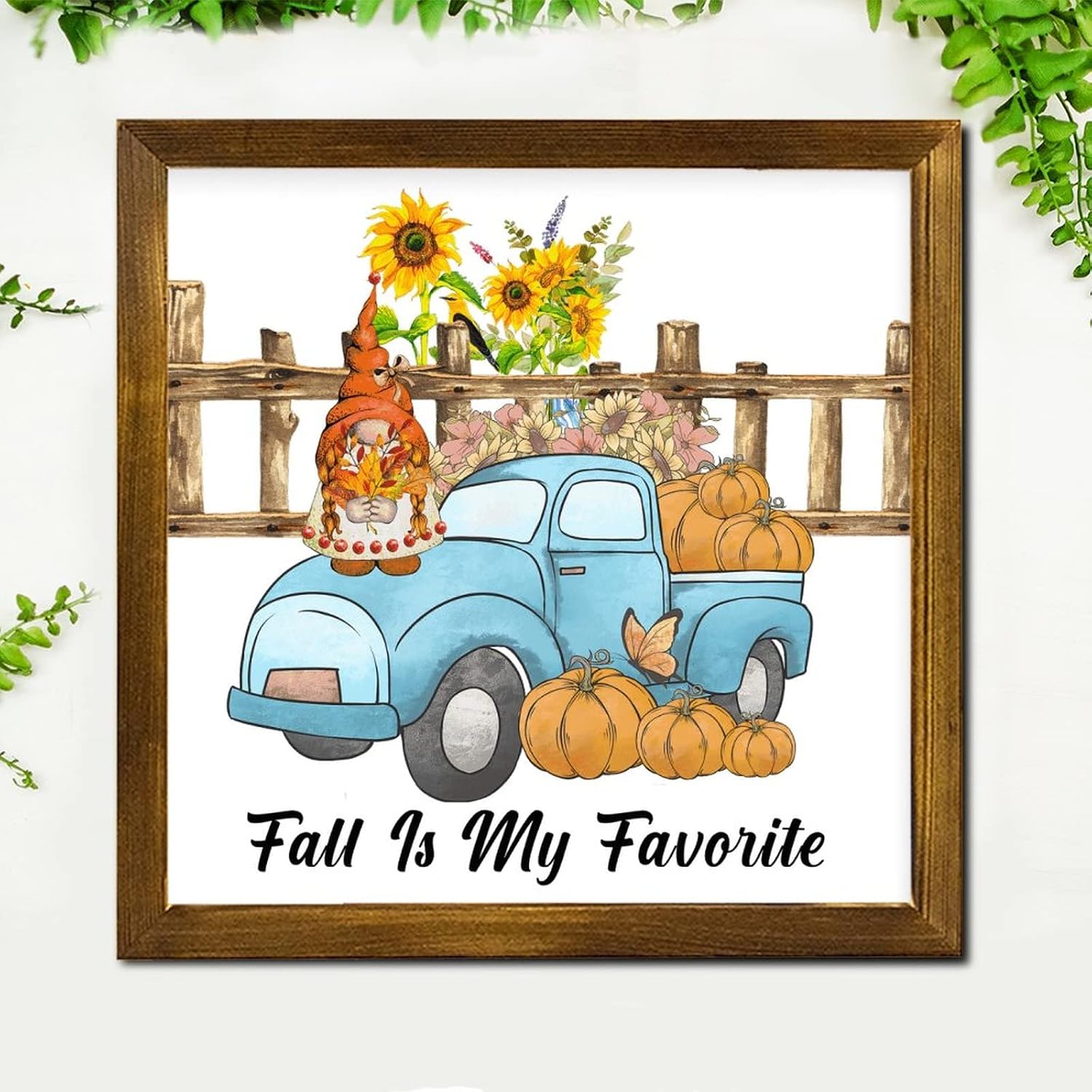 Fall is My Favorite Framed Wooden Sign Gnome Pumpkin Sunflower Blue Truck Wood Sign Plaque Farmhouse Autumn Harvest Home Wall Hanging Sign Decor for Home Bathroom Indoor Kitchen Garden 12x12 inch