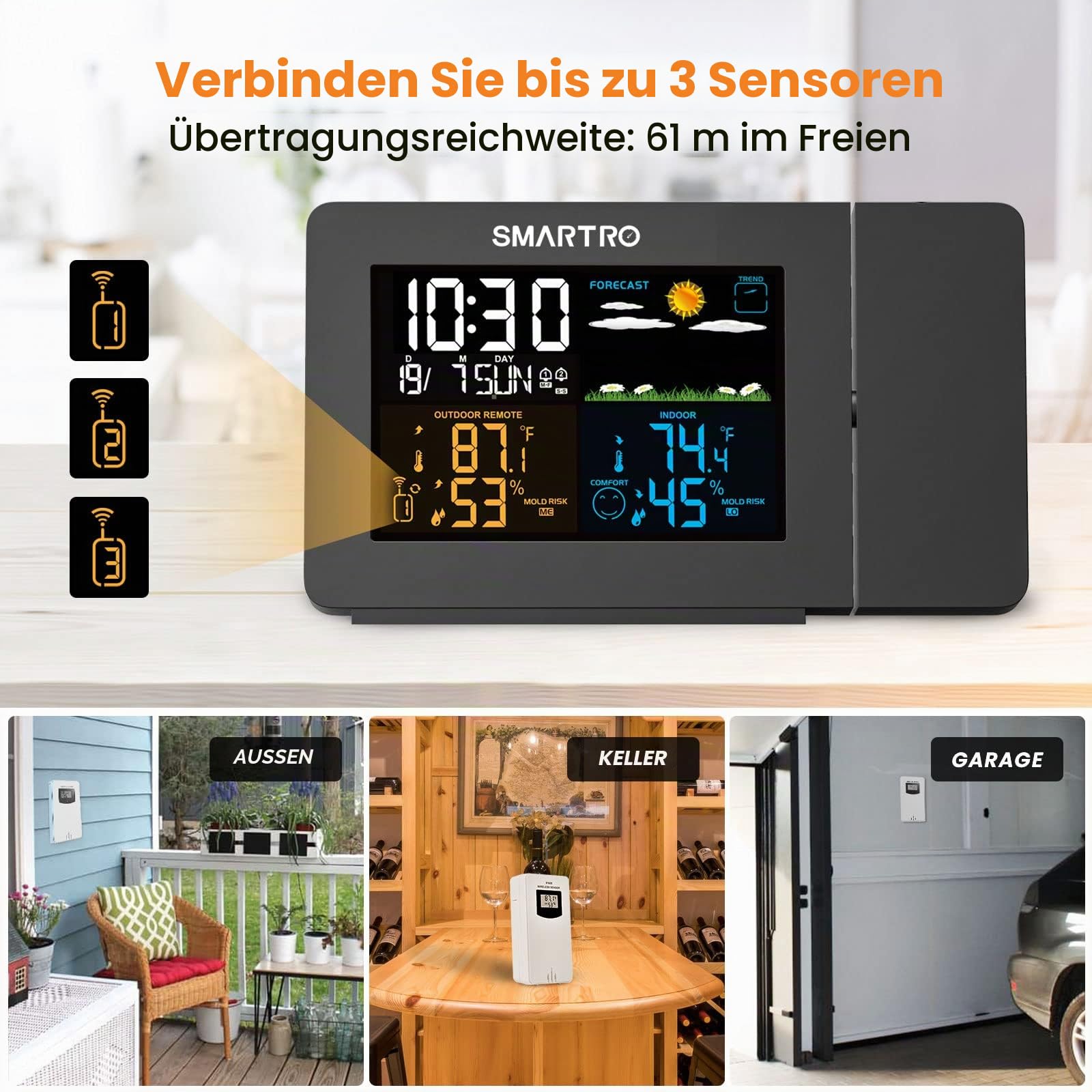 SMARTRO SC91 Projektionswecker für Schlafzimmer mit Wetterstation, Innen-Außenthermometer, Temperatur-Luftfeuchtigkeits-Monitor-Anzeige Hygrometer