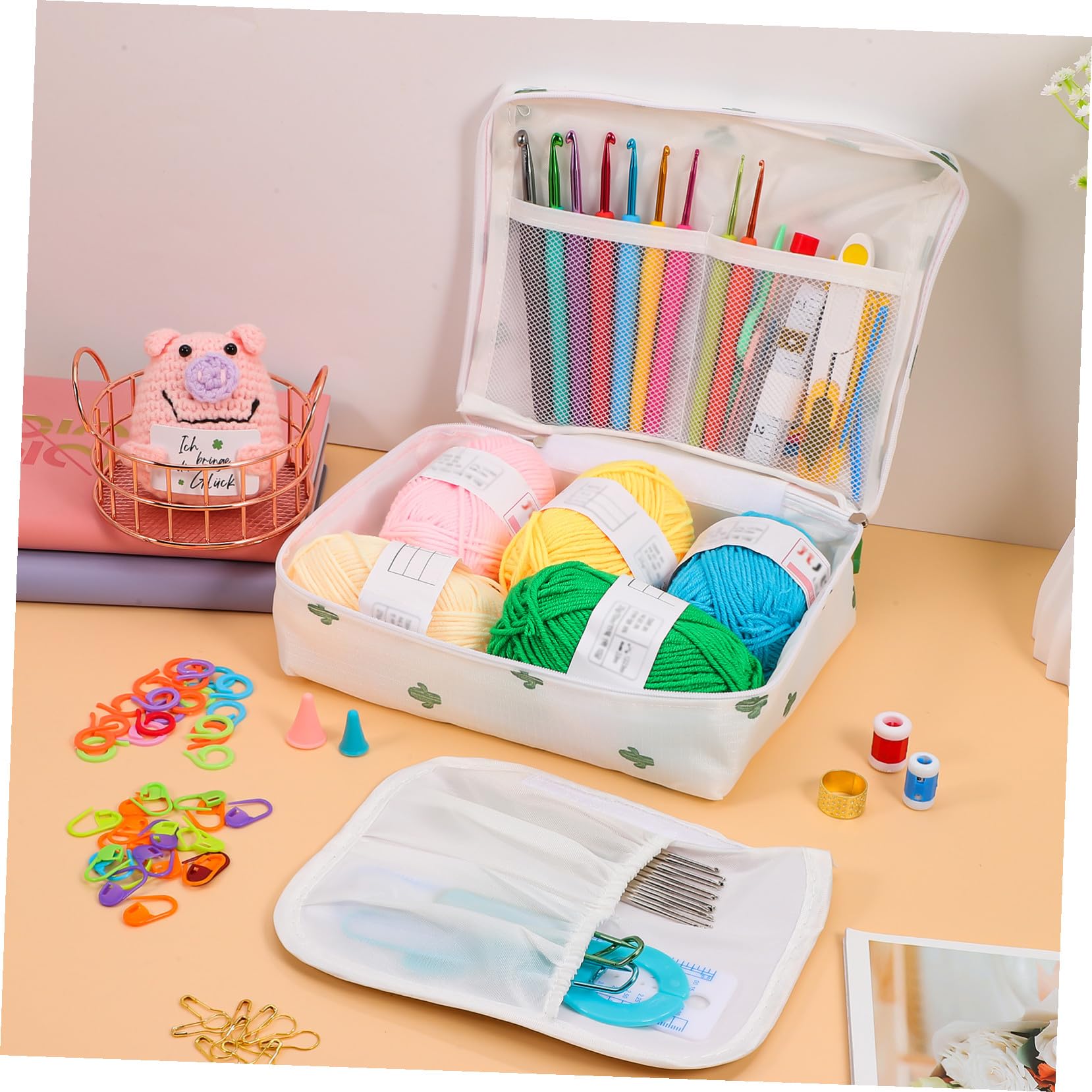 OHPHCALL Uncinetto Professionale con Kit Strumenti Filato e Borsa Trasporto per Principianti Hobby Lavoro Maglia Ferri Completo di Accessori e Materiale per Lavori Artigianali