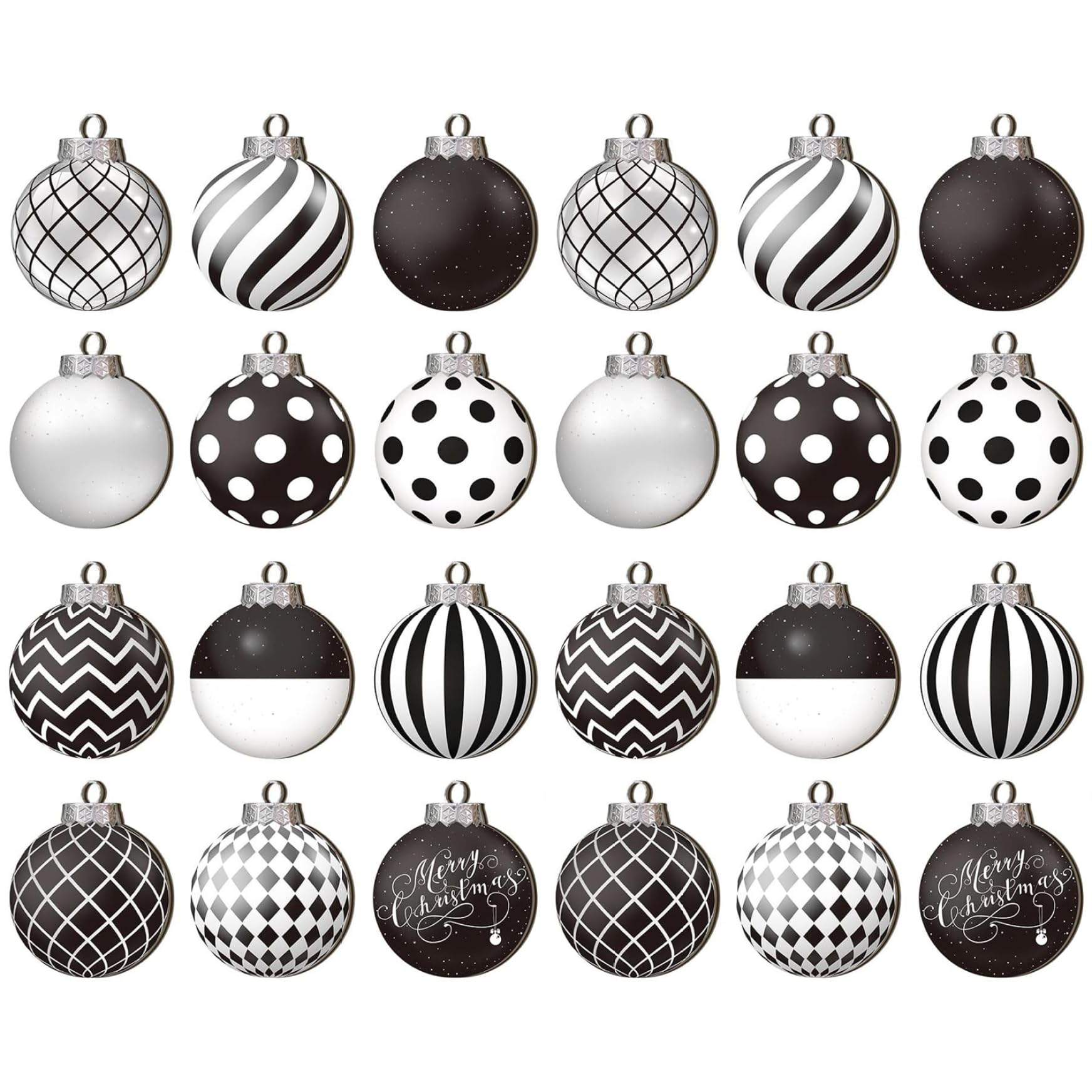 Christmas Ball Ornaments 24Pcs 2D Wooden Black and White Hanging Christmas Decorations for Holiday xmas Tree Party Decor