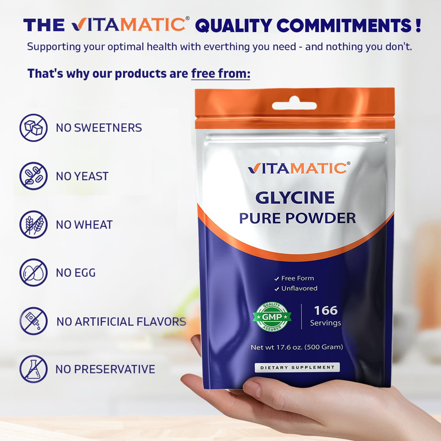 Vitamatic Glycine Powder – 3,000 mg Per Serving, Free-Form Amino Acid Supplement, Unflavored, 17.6 oz (500 g), Non-GMO, Gluten Free. — Amazon image 6