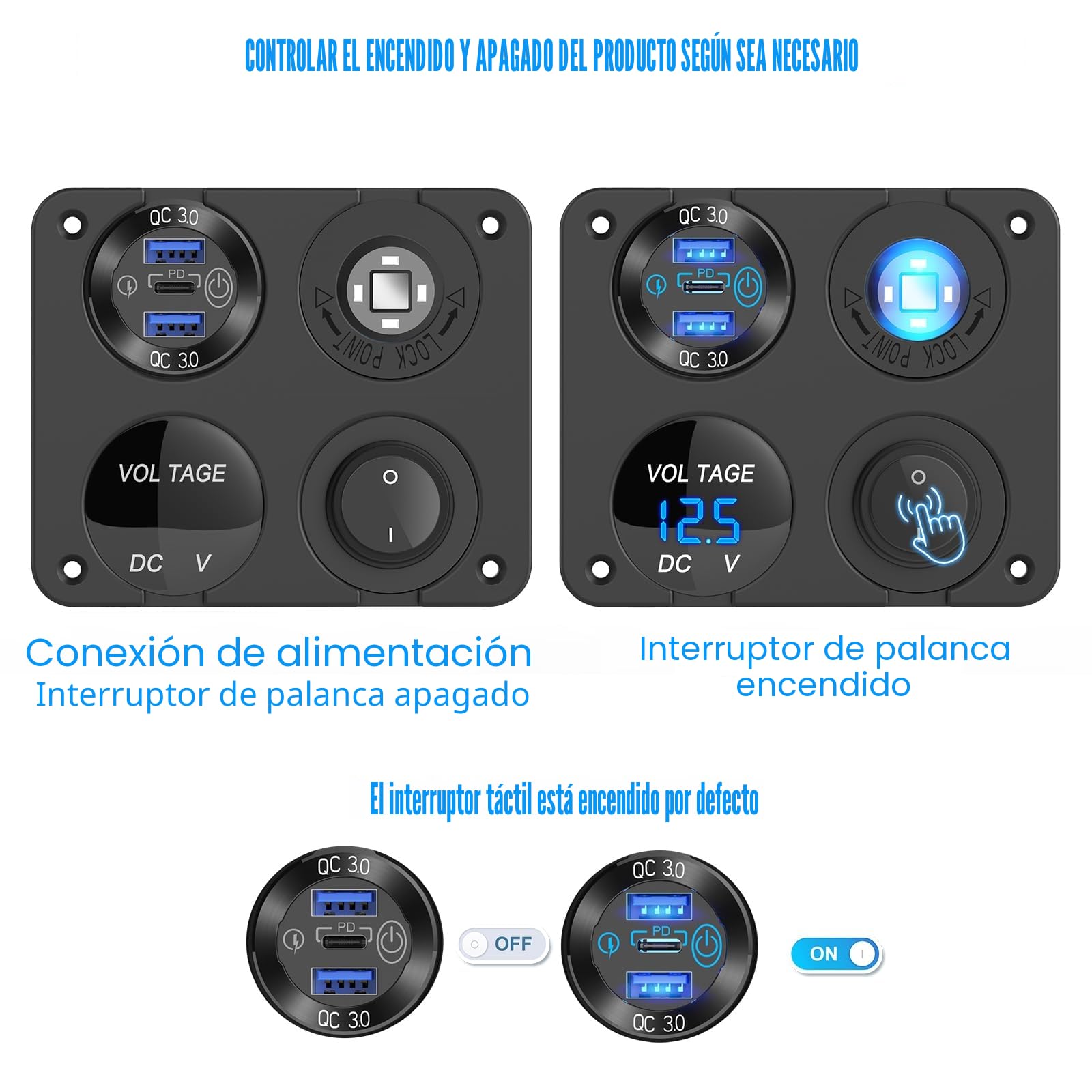 Toma USB de 12 voltios Accesorio RV 12V Marina Panel de Interruptores, Doble PD30W y QC18W Puerto USB Cargador de aluminio, 150W Enchufe del encendedor, Voltímetro azul e interruptor basculante