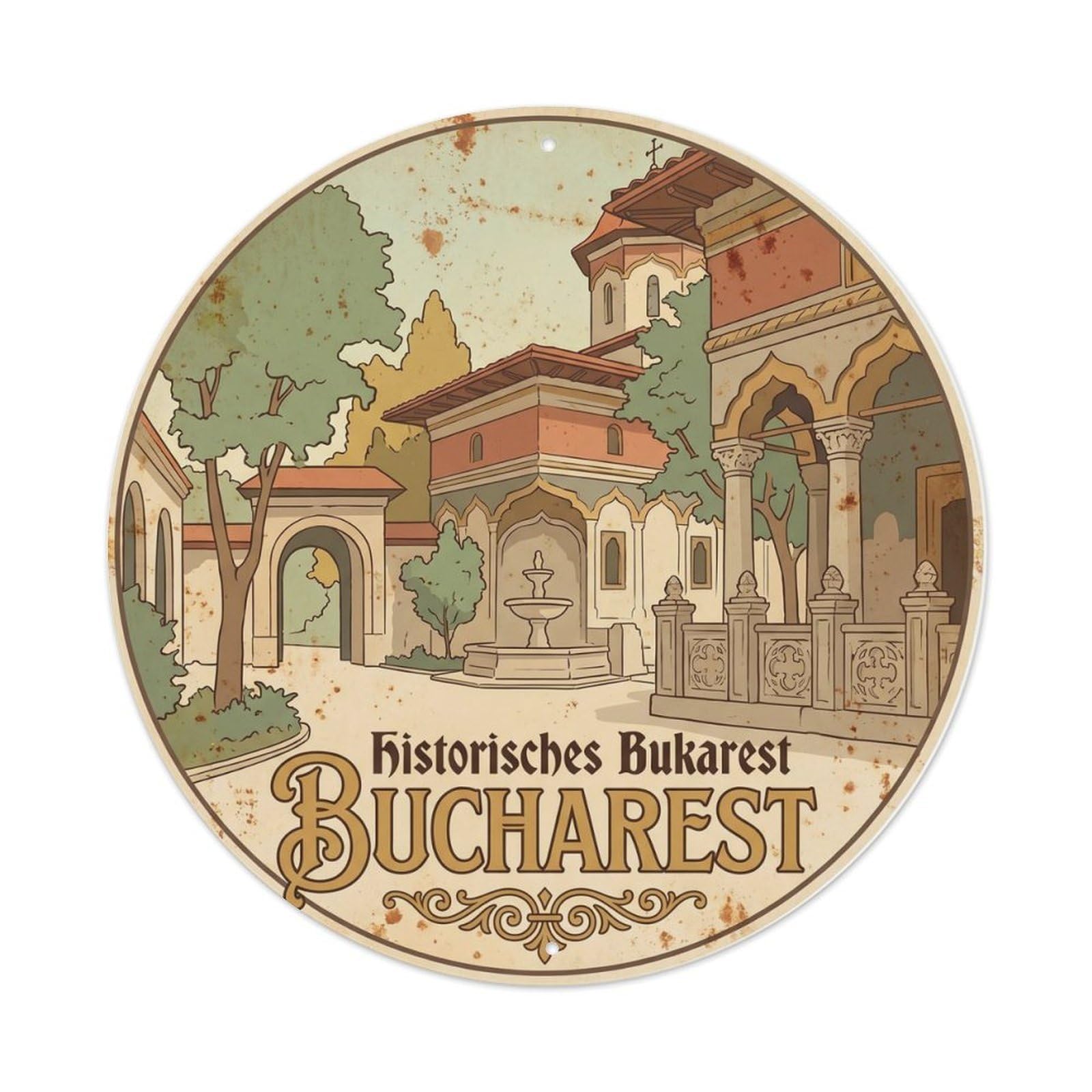 Vintage Travel Bucharest Monastery Expedition Metal Tin Sign