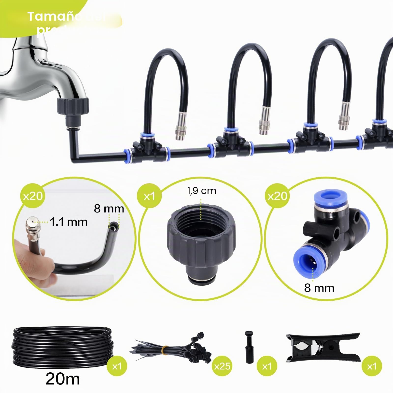 Sistema de riego y refrigeración por nebulización de 20 m con 20 boquillas de nebulización ajustables, sistema de refrigeración por pulverización y reducción de polvo para exteriores