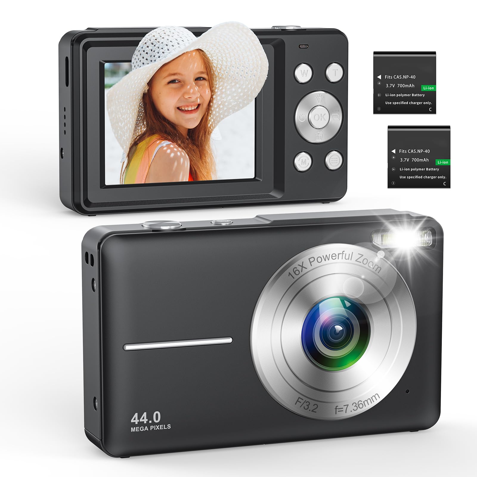Cámara de Fotos con Tarjeta SD de 32 GB, 1080P Cámara Digital 44MP Camara Fotos Digital, Compacta Cámara Digital con Zoom 16X y 2 Baterías, para Principiantes