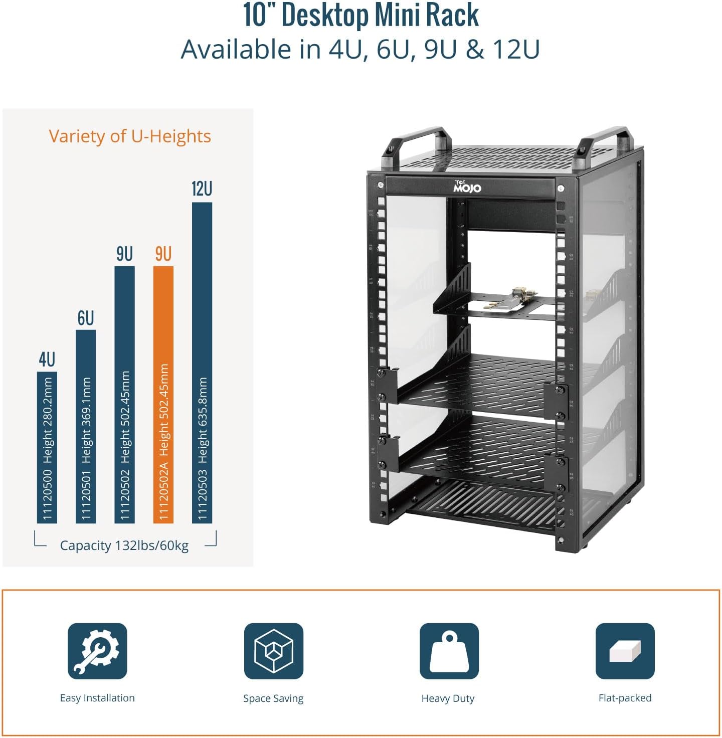 Tecmojo 9U Network Rack, 10 inch Mini Server Rack with 2 Side Translucent Panels & 2 Top Handles, 7.87 inch Deep, for 10 inch IT Equipment & A/V Devices, Black - Image 5