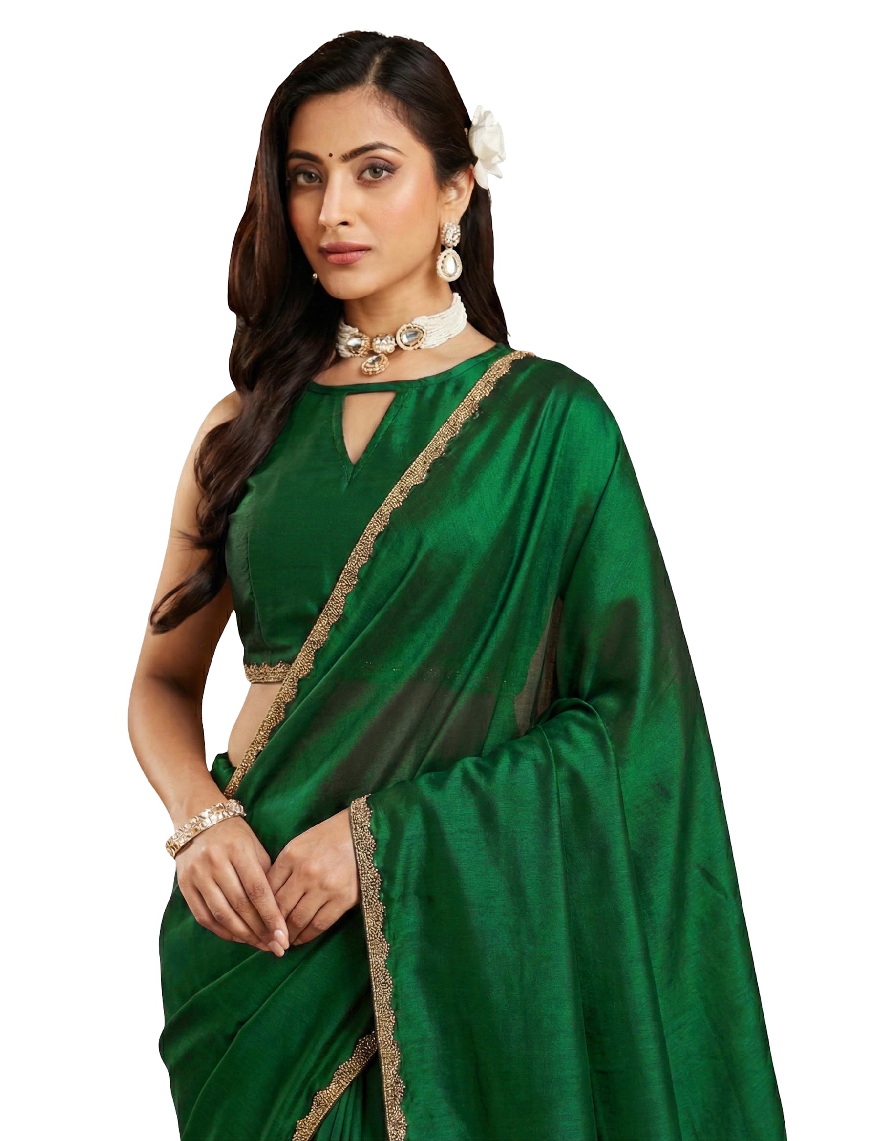 lorofy Women's Soft Silk Saree With Beads Decorative Stone Work Lace Boarder & Comes With Unstitched Blouse Piece (RangoliC)-picture-12