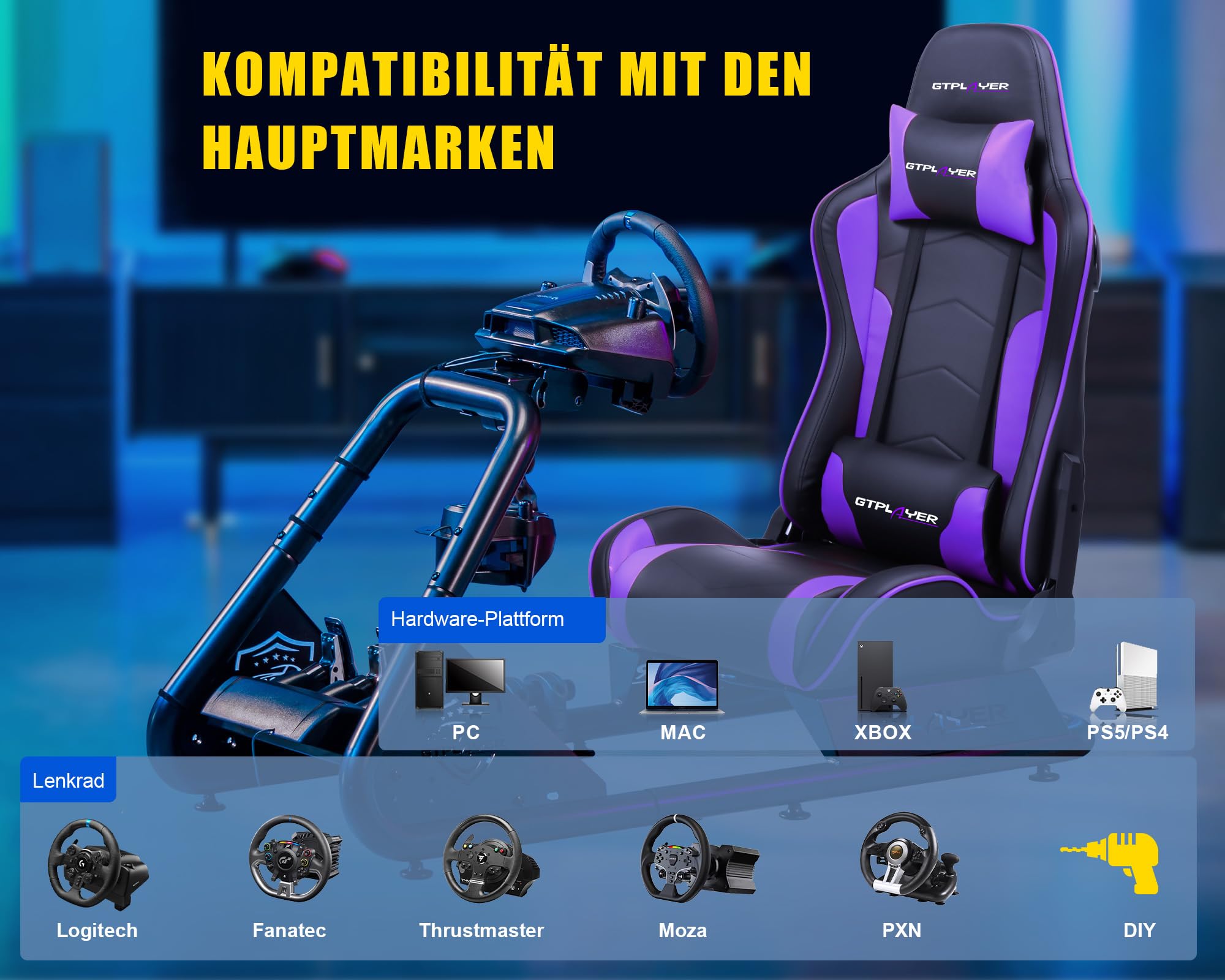 GTPLAYER Simulator Cockpit SIM Racing rennsimulator Lenkradständer Lautsprechern Lenkrad Pedalablage Lila