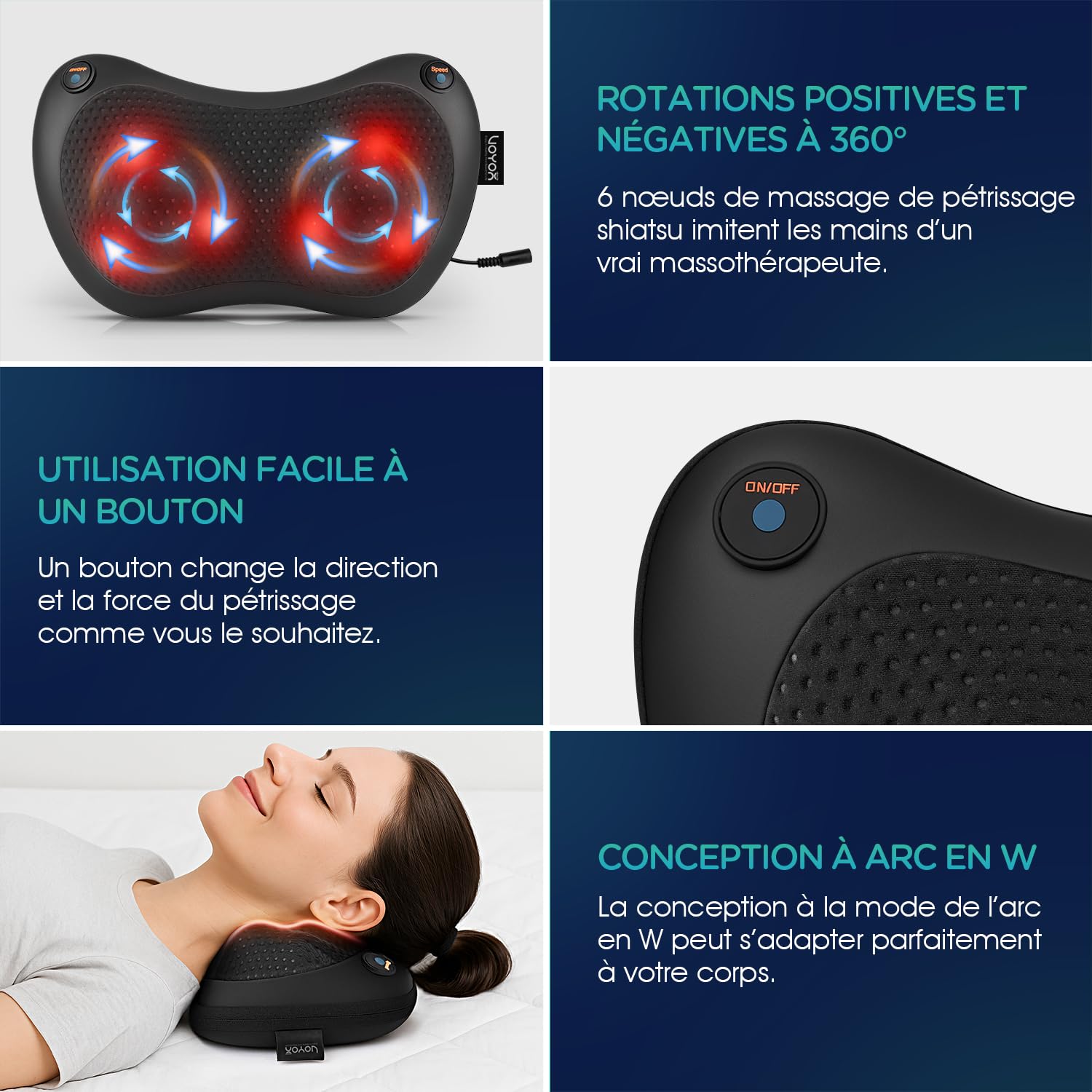Appareil de massage du dos et de la nuque, coussin de massage Shiatsu avec chaleur, 6 nœuds rotatifs pour la taille, les jambes, le soulagement des douleurs corporelles (Noir)