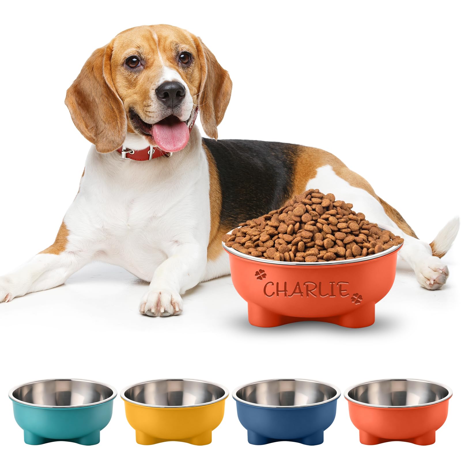 Custom Personalised Dog Bowl With Pet Name Laser Engraved, Stainless Steel Neck Protection Pets Feeding Bowl For Dogs Cats, Non-Slip Food Water Bowl, Personalised Dog Gifts For Pet Home (Orange)