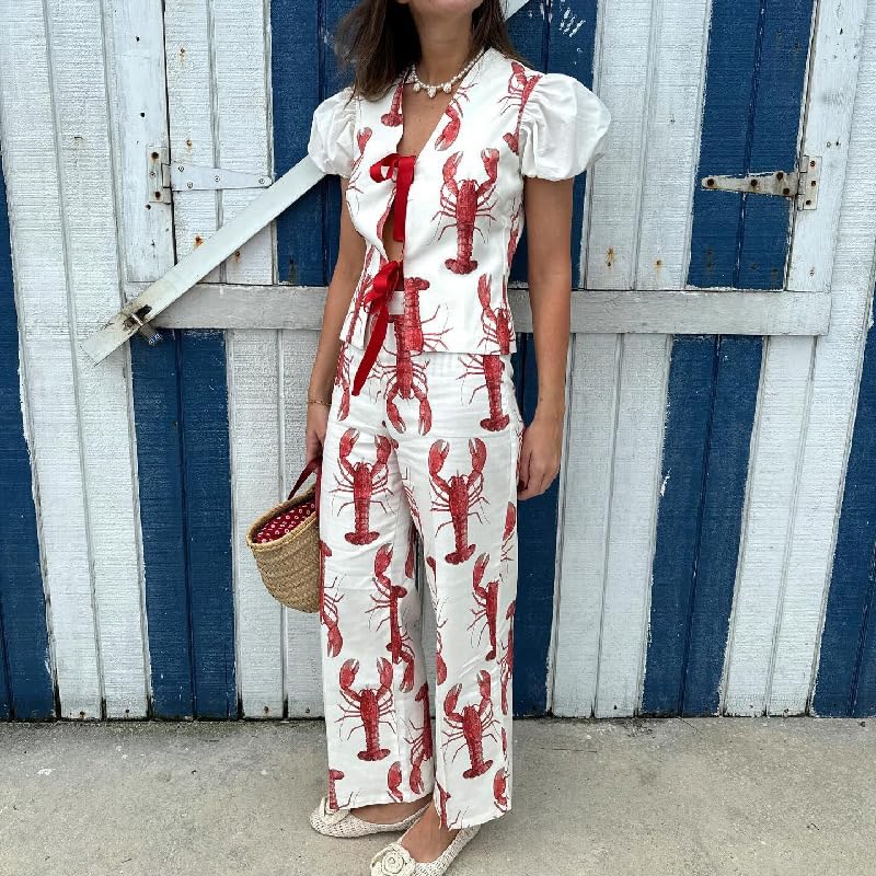 Image of Women Y2k 2 Piece Outfits Tie Front Pajamas Set Puff Short Sleeve Lobster Print Lace Up Tops with Pants Summer Outfit
