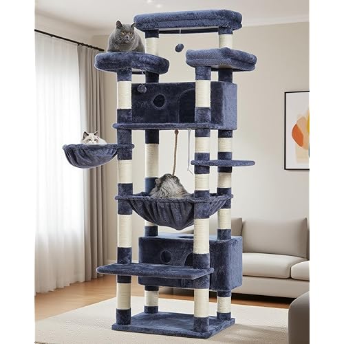 Cat Tree for Indoor Cats Large Adult, 74" Cat Tower with 3 Big Platforms, 2 Baskets, 2 Condos, Multi-Level Cat Scratching Posts, Smoky Gray GCT030G