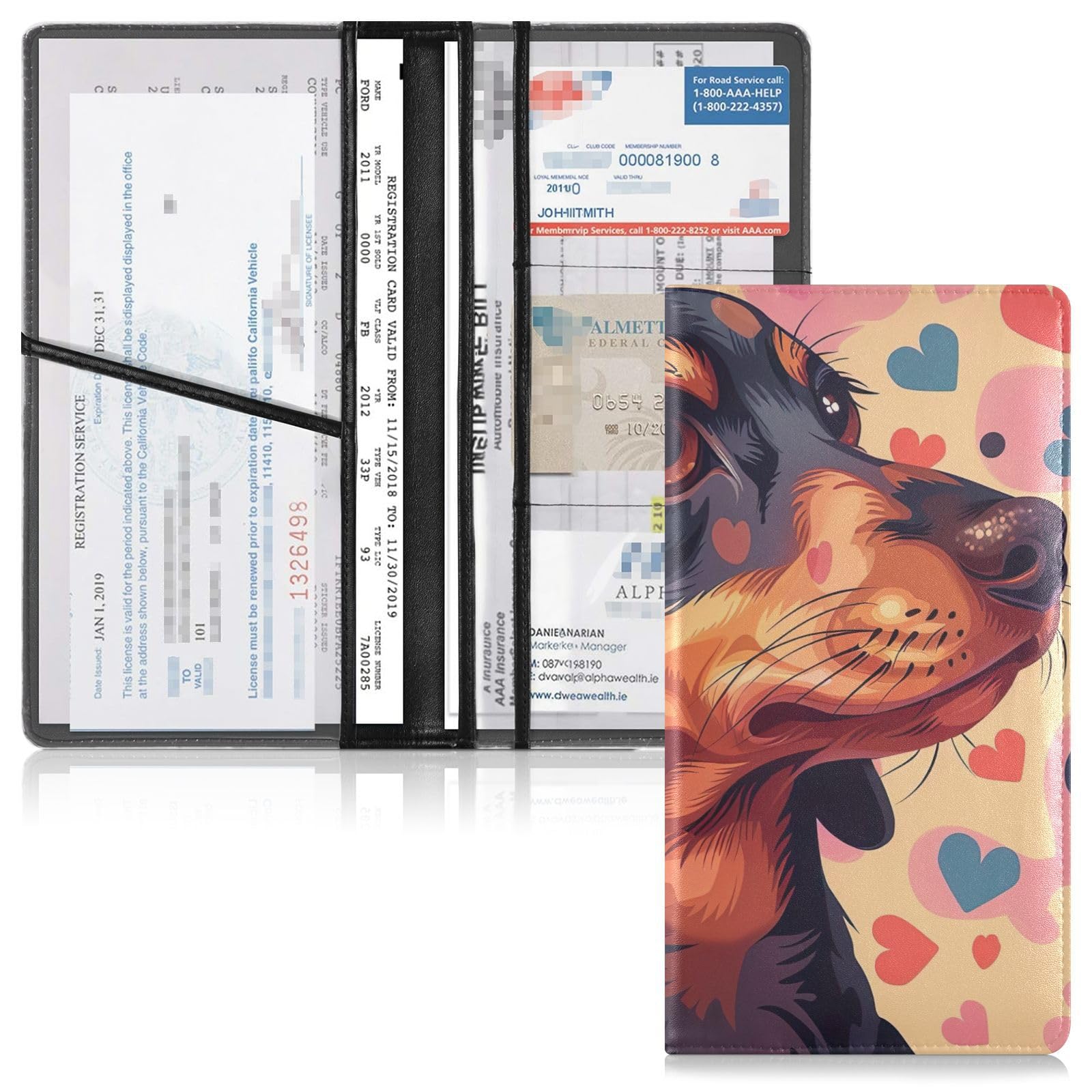 Takiito Car Registration and Insurance Card Holder, Dachshunds PU Leather Glove Box Organizers for Cards Driving Licence Documents, Vehicle Accessories