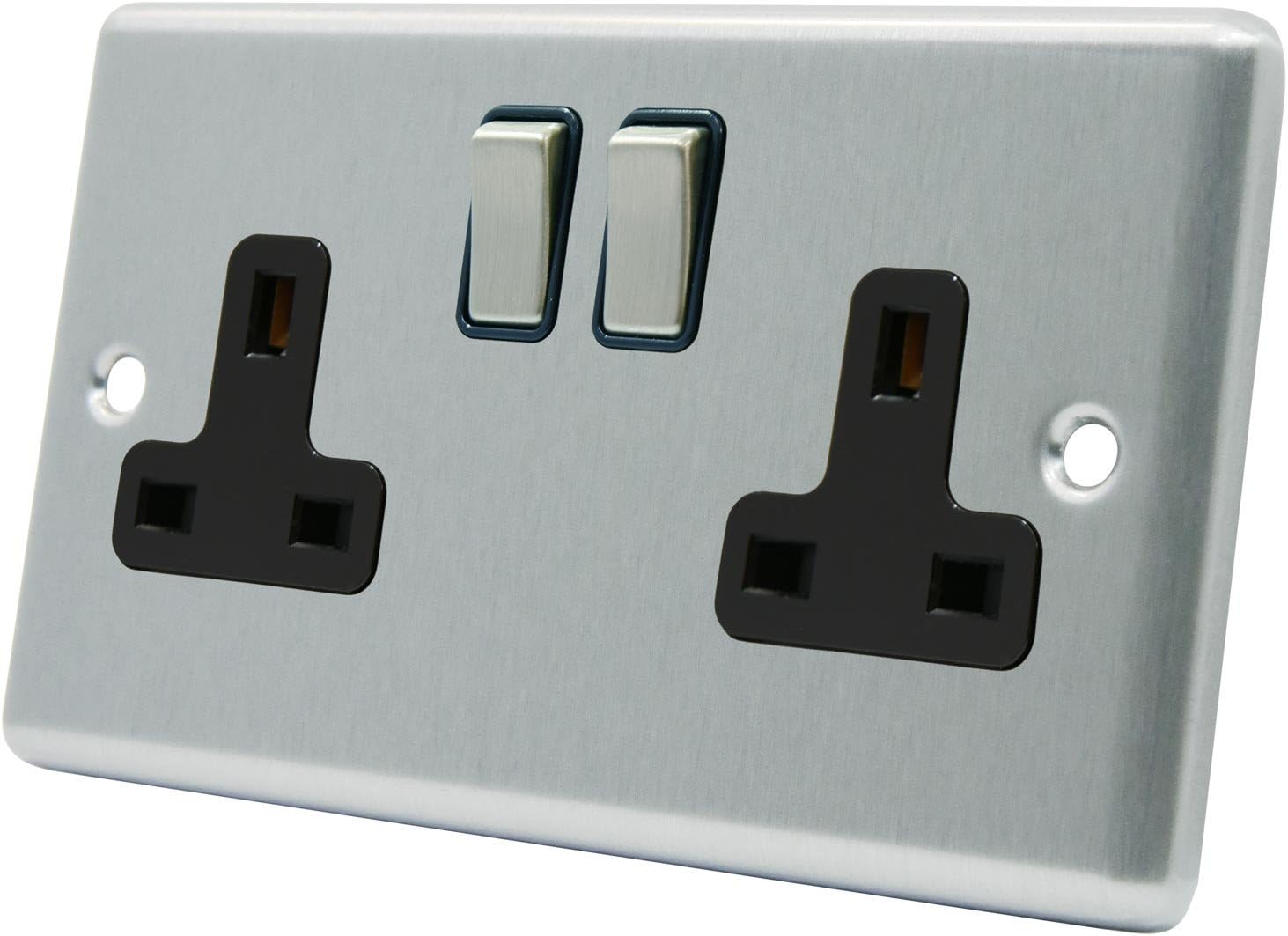AET CSC2GSOCBS Satin Chrome Classical 2 Gang Black Insert Metal Rocker Switches-13 Amp Double Plug Socket, 250 V