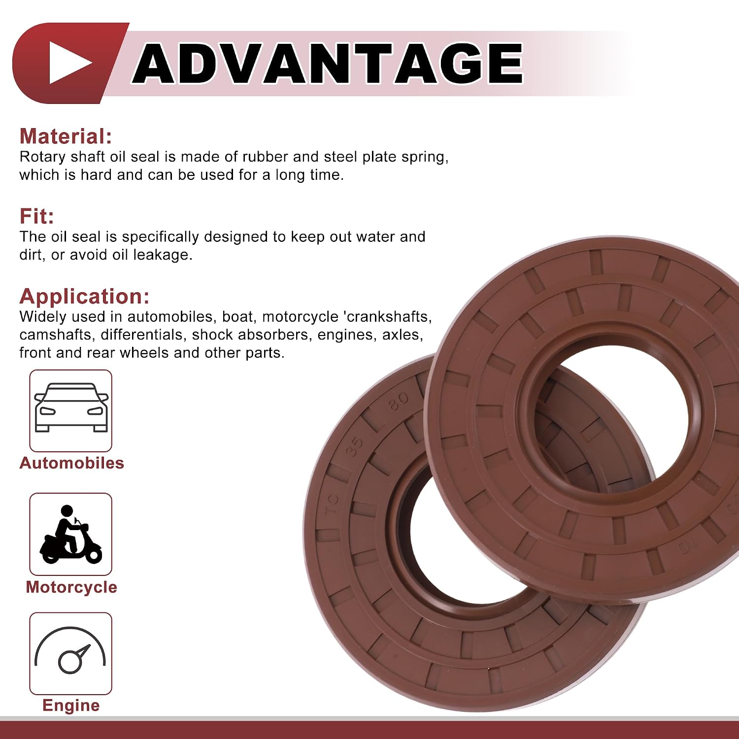 Universal Oil Seal TC Seal Ring Rotary Shaft Seal 35x80x10mm High Pressure FKM Rubber Brown 2 Pcs