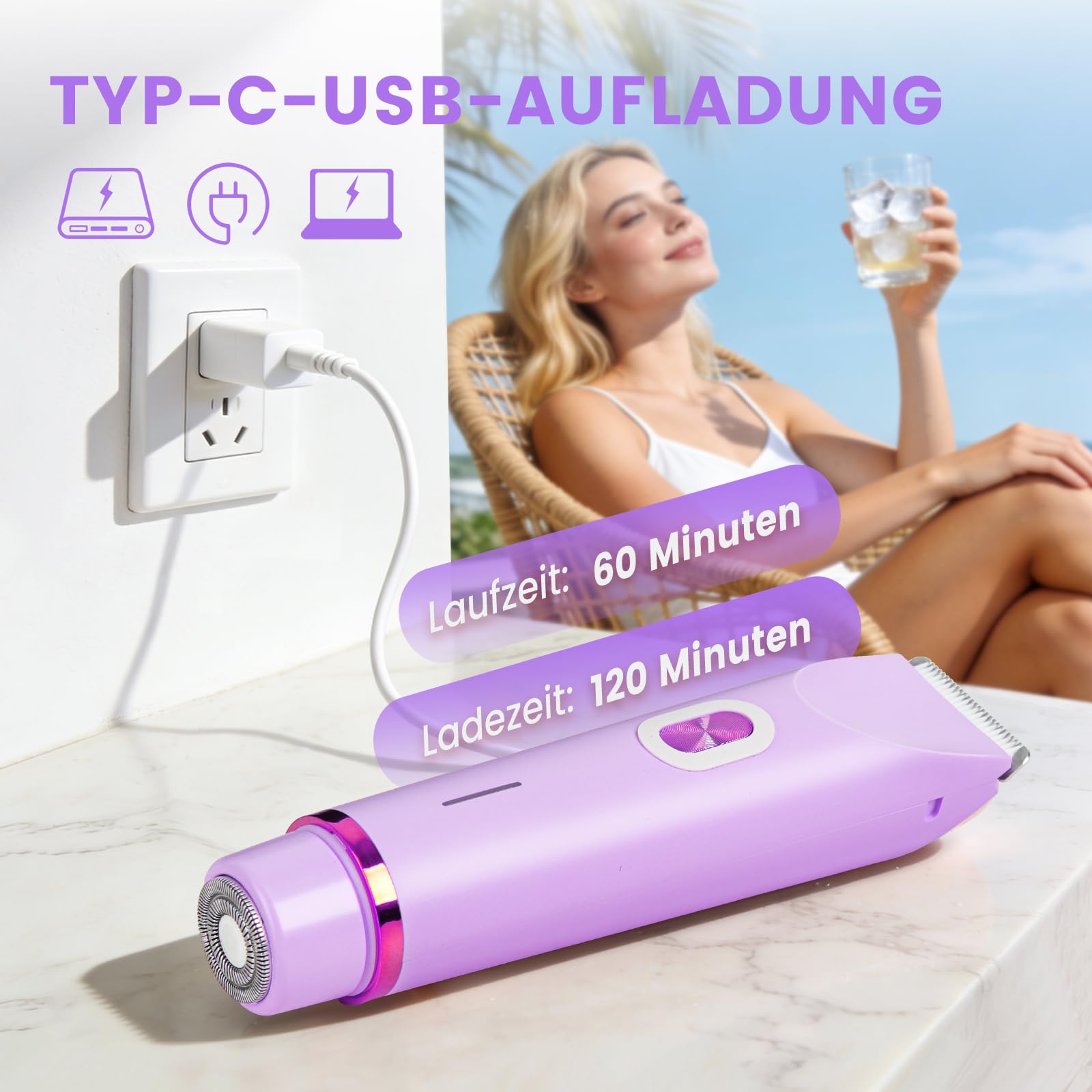 Rasoio da donna, 2 in 1, a doppia testa, con ricarica USB-C, rasoio elettrico da donna, per viso, gambe e braccia, bikini con testa di trimmer, facile da pulire (viola)
