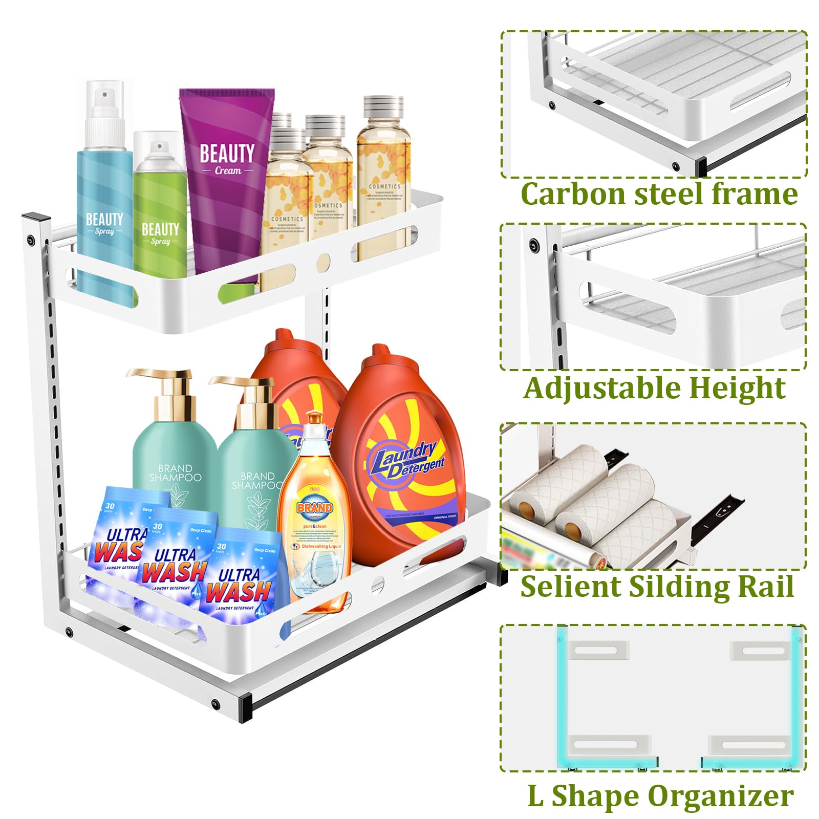 MQFORU Under Sink Organziers 2 Tier, Pull Out Silding, Under Sink Storage for Kitchen, Adjustable Height Under Bathroom Cabinet Organizer for Kitchen Cabinet Bathroom sink Organizer White