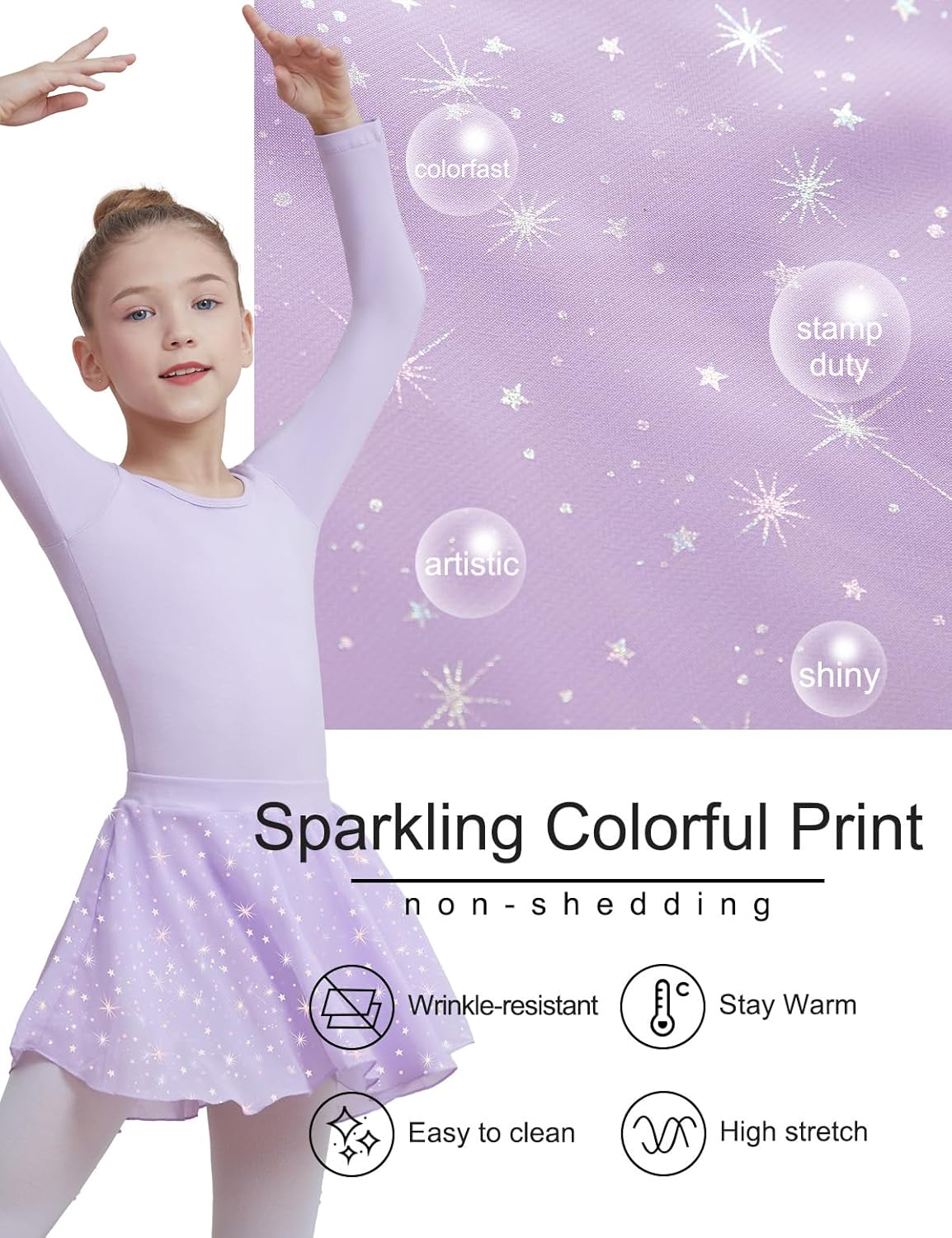 DIPUG Long Sleeve Ballet Leotards for Girls Dance Dress Removable Skirt with Shiny Star - Image 4