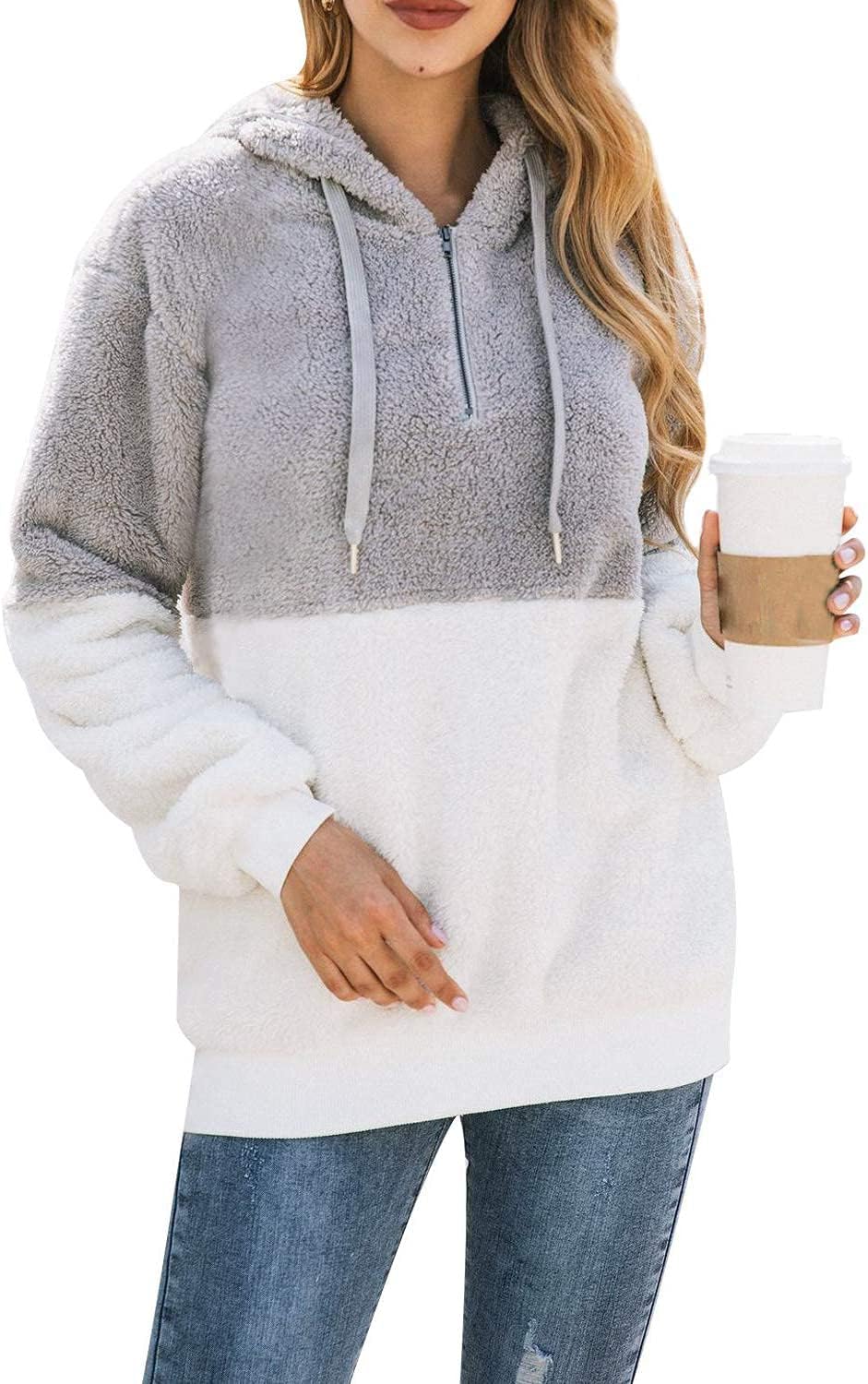 Women's Baggy Fluffy Pullover Hoodie with 1/4 Zipper and Drawstring for Winter Ladies Long Sleeves Sweatshirt Soft Tops Teddy Fleece