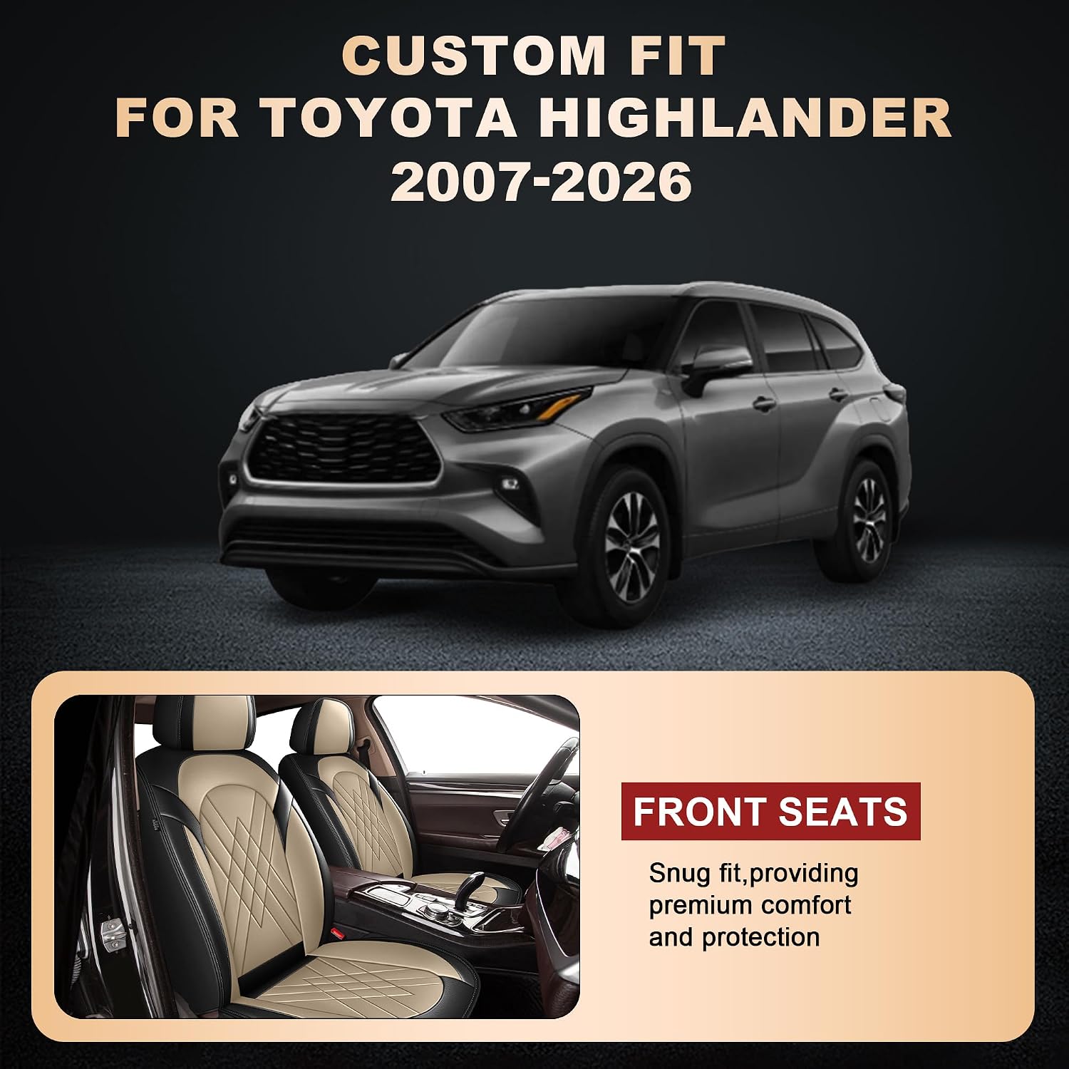 YORKNEIC 2 Front Seat Car Seat Covers for Toyota Highlander 2007-2025 2026 Breathable Waterproof Faux Leather Compatible Airbag Seat Cushions Protectors (2 Front Set, Black&Beige)
