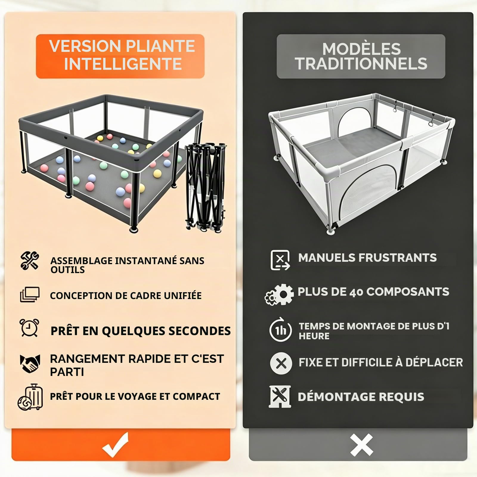 Parc pliable pour bébé avec tapis – Portable, spacieux et robuste pour bébés et tout-petits, installation rapide en 1 minute, facile à transporter, parc de jeu pliable pour une utilisation en